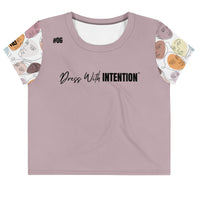 Dear Human Behind Me™ lilac abstract crop  t-shirt Message #06 dress with intention front view