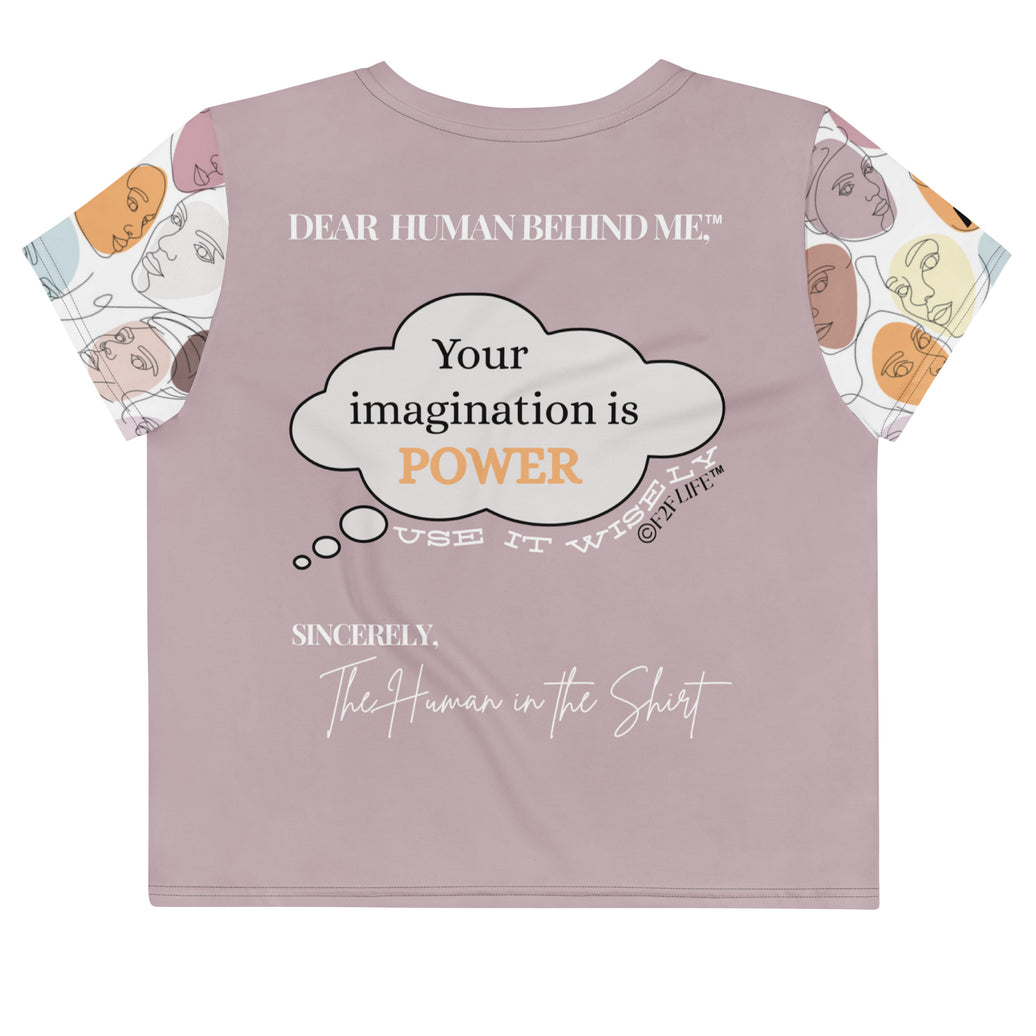 Dear Human Behind Me™ lilac abstract crop t-shirt Message #06 use-it-wisely back view