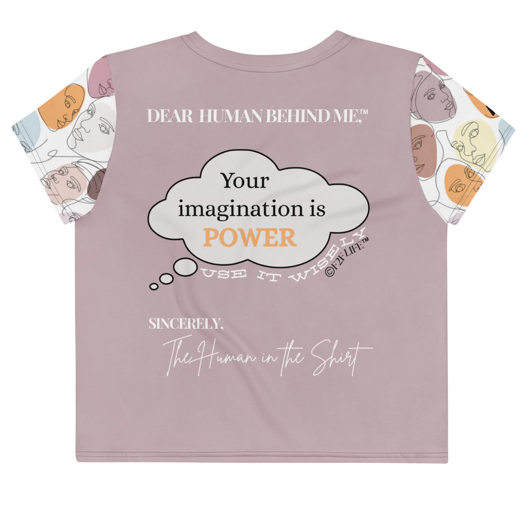 Dear Human Behind Me™ lilac abstract crop t-shirt Message #06 use-it-wisely back view