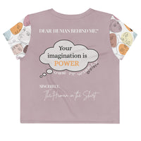 Dear Human Behind Me™ lilac abstract crop t-shirt Message #06 use-it-wisely back view