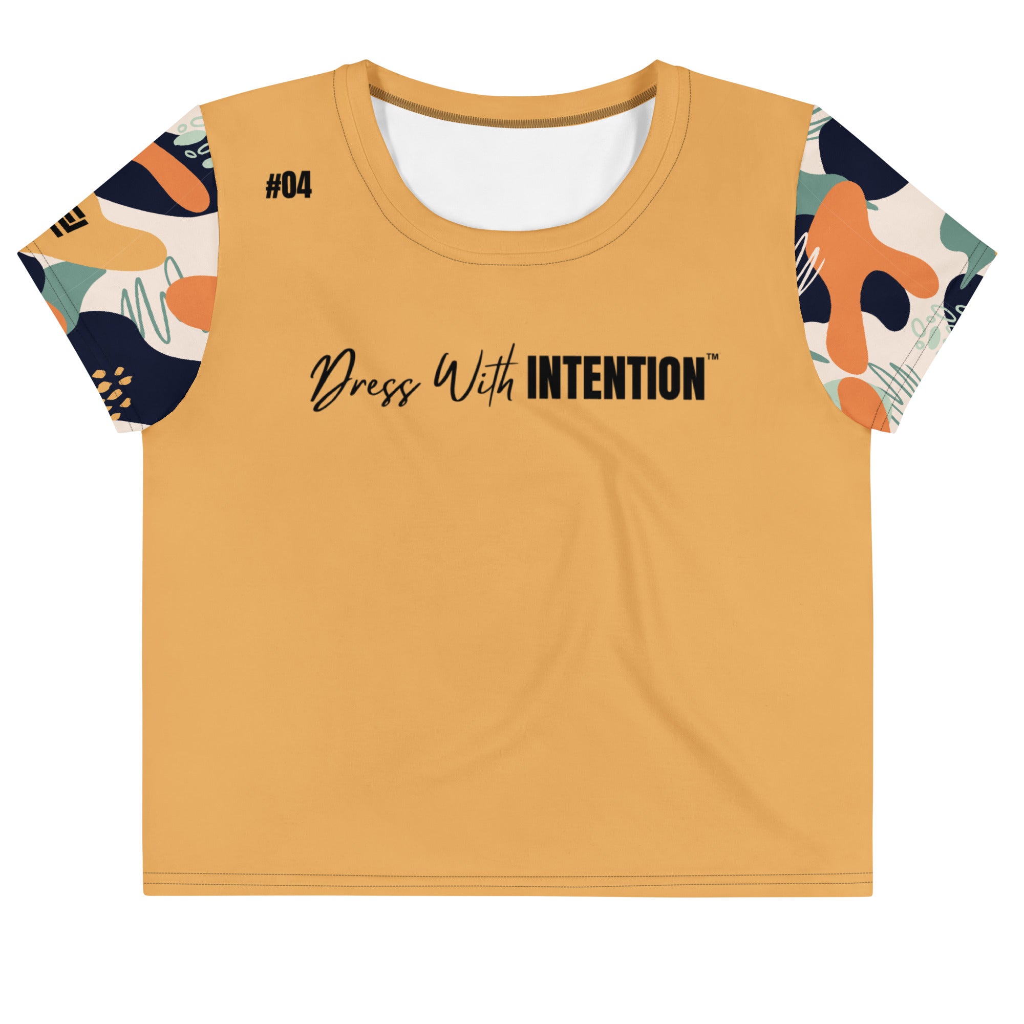 Dear Human Behind Me™ orange abstract crop  t-shirt Message #04 dress with intention front view