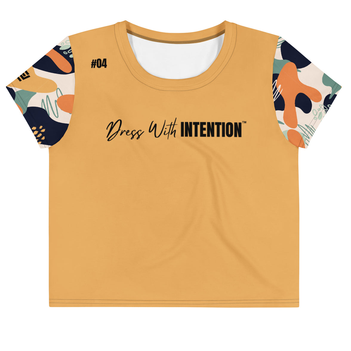 Dear Human Behind Me™ orange abstract crop  t-shirt Message #04 dress with intention front view