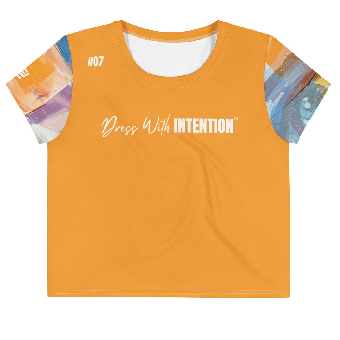 Dear Human Behind Me™ orange abstract crop  t-shirt Message #07 dress with intention front view