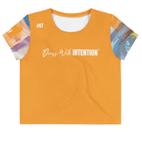Dear Human Behind Me™ orange abstract crop  t-shirt Message #07 dress with intention front view