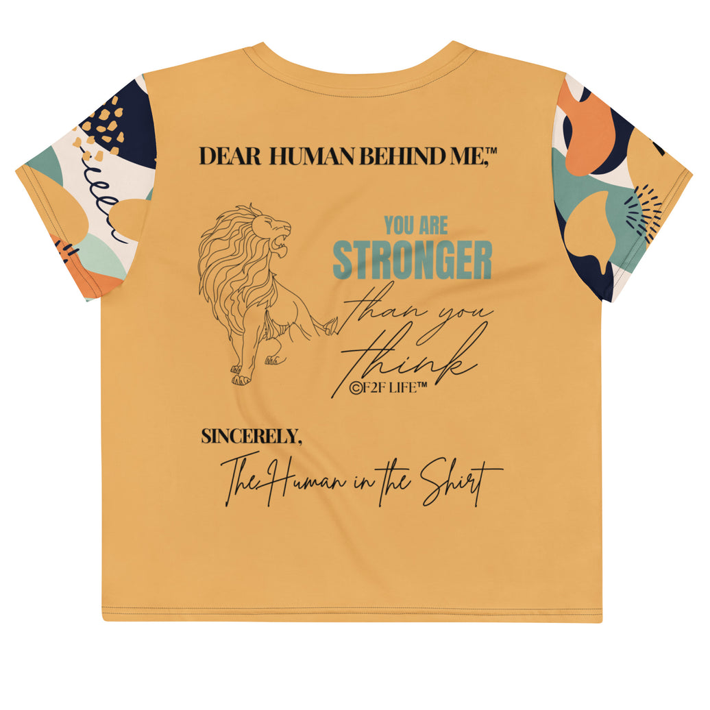 Dear Human Behind Me™ orange abstract crop t-shirt Message #04 you are strong back view