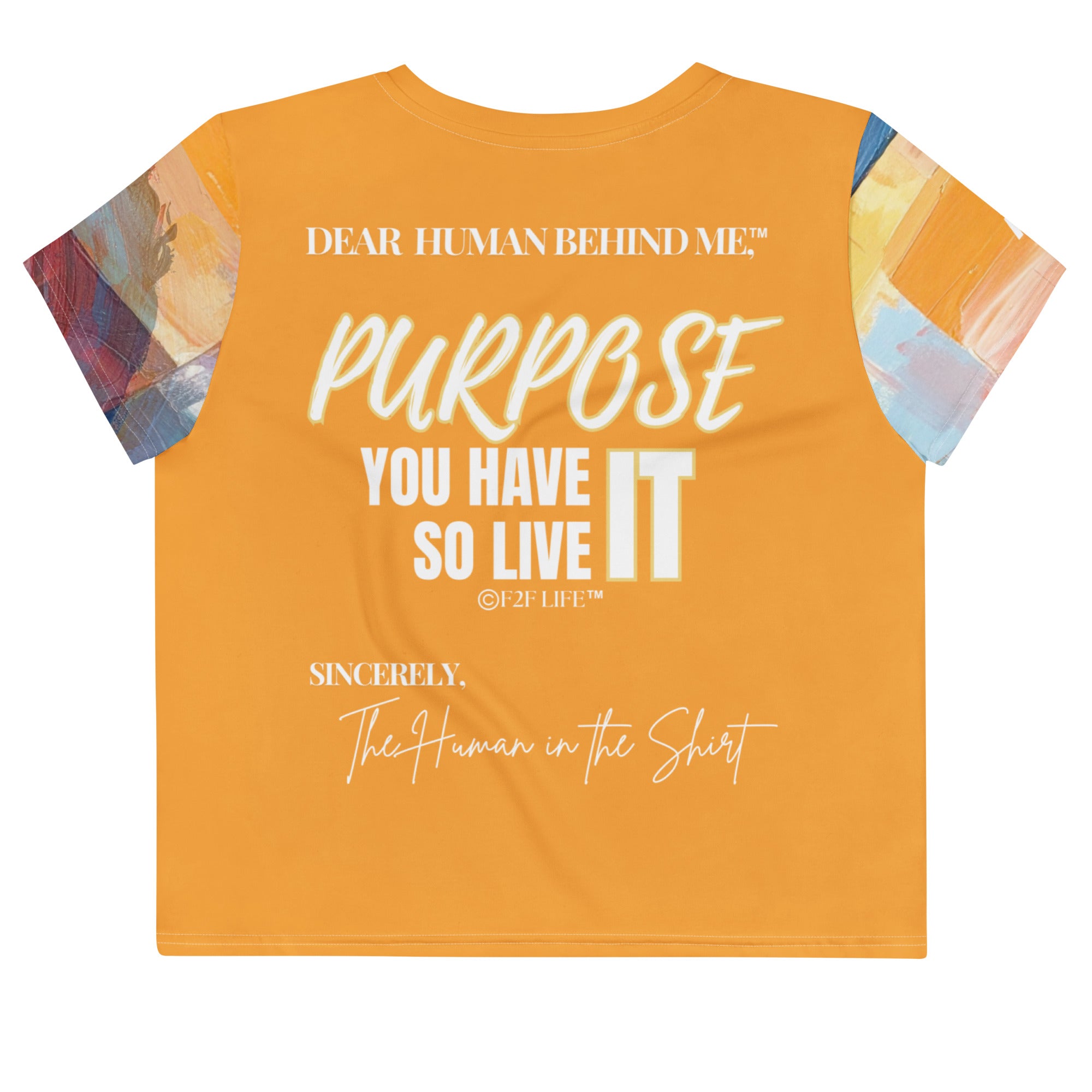 Dear Human Behind Me™ orange abstract crop t-shirt Message #07 you have purpose back view