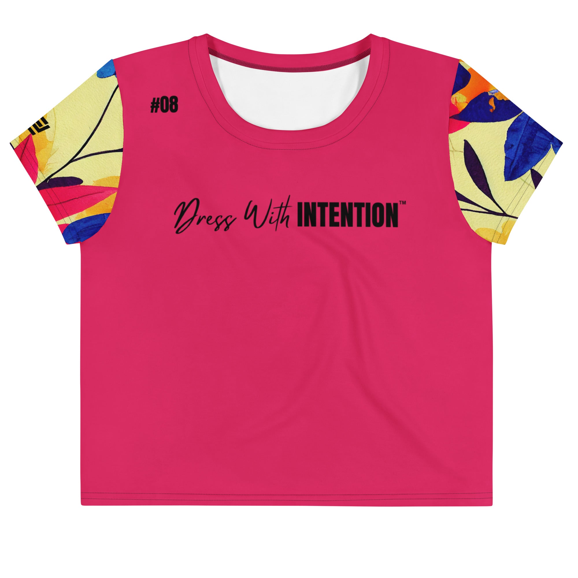 Dear Human Behind Me™ pink floral crop  t-shirt Message #08 dress with intention front view