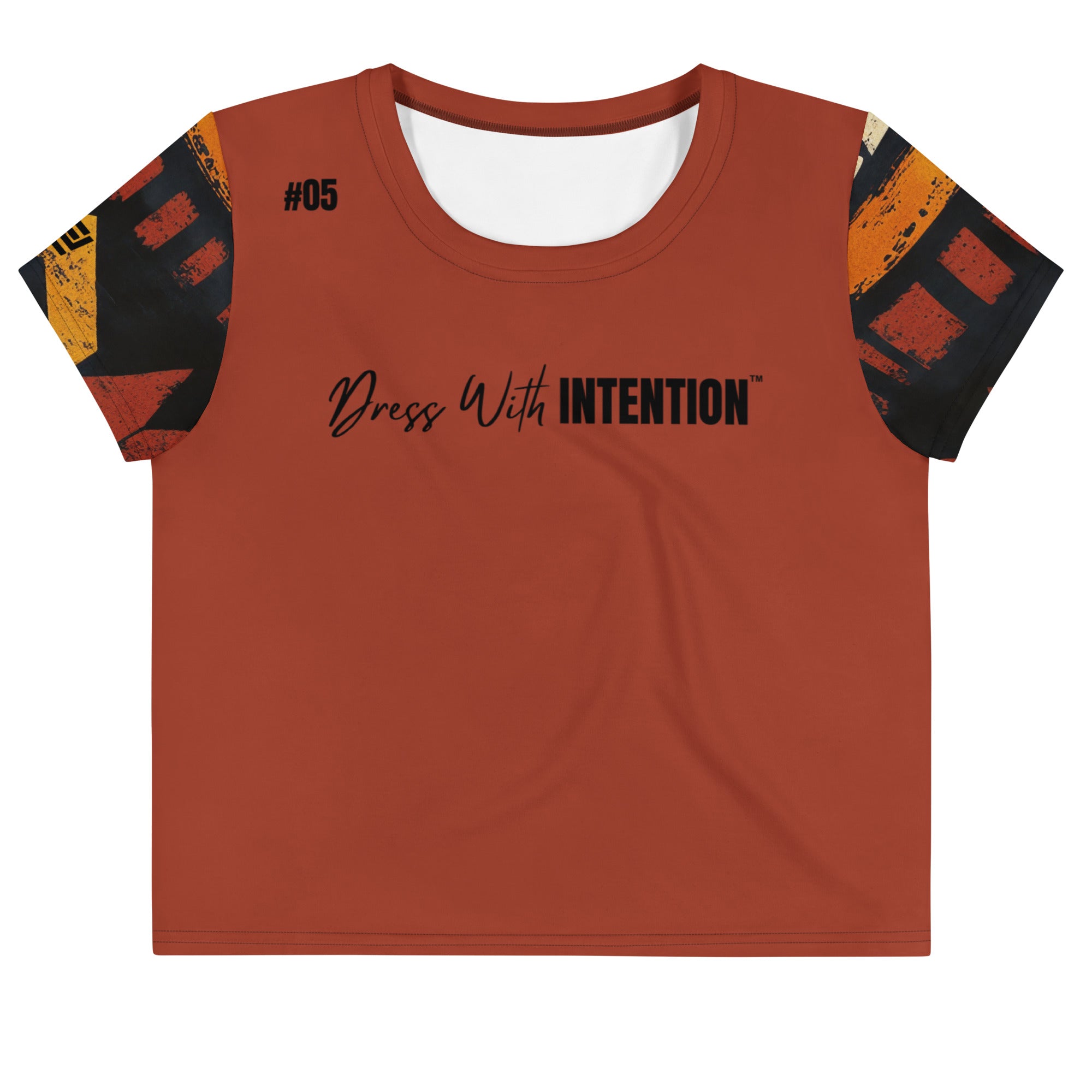 Dear Human Behind Me™ rust African crop  t-shirt Message #05 dress with intention front view