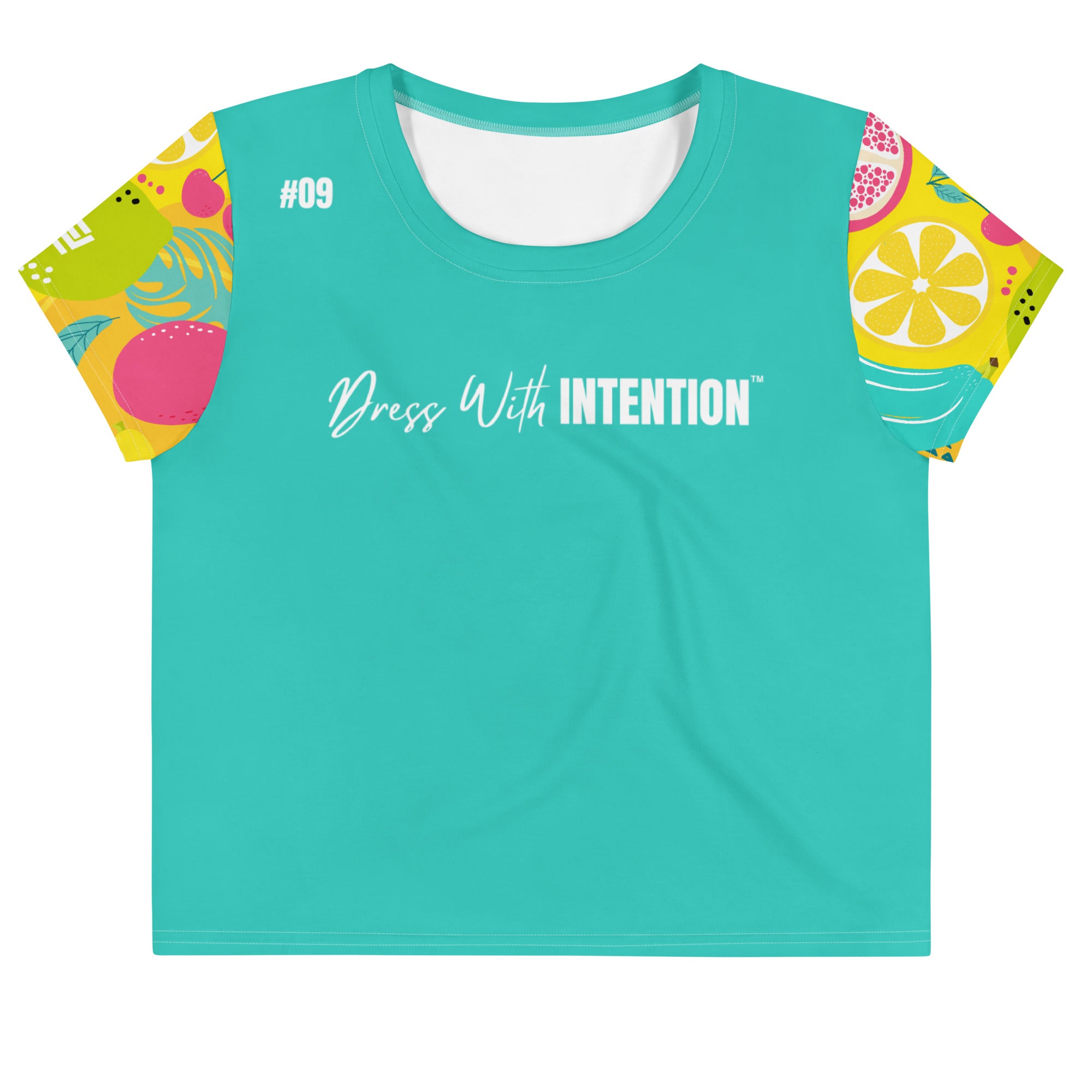 Dear Human Behind Me™ teal tropical crop  t-shirt Message #09 dress with intention front view