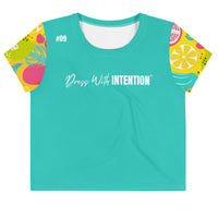 Dear Human Behind Me™ teal tropical crop  t-shirt Message #09 dress with intention front view