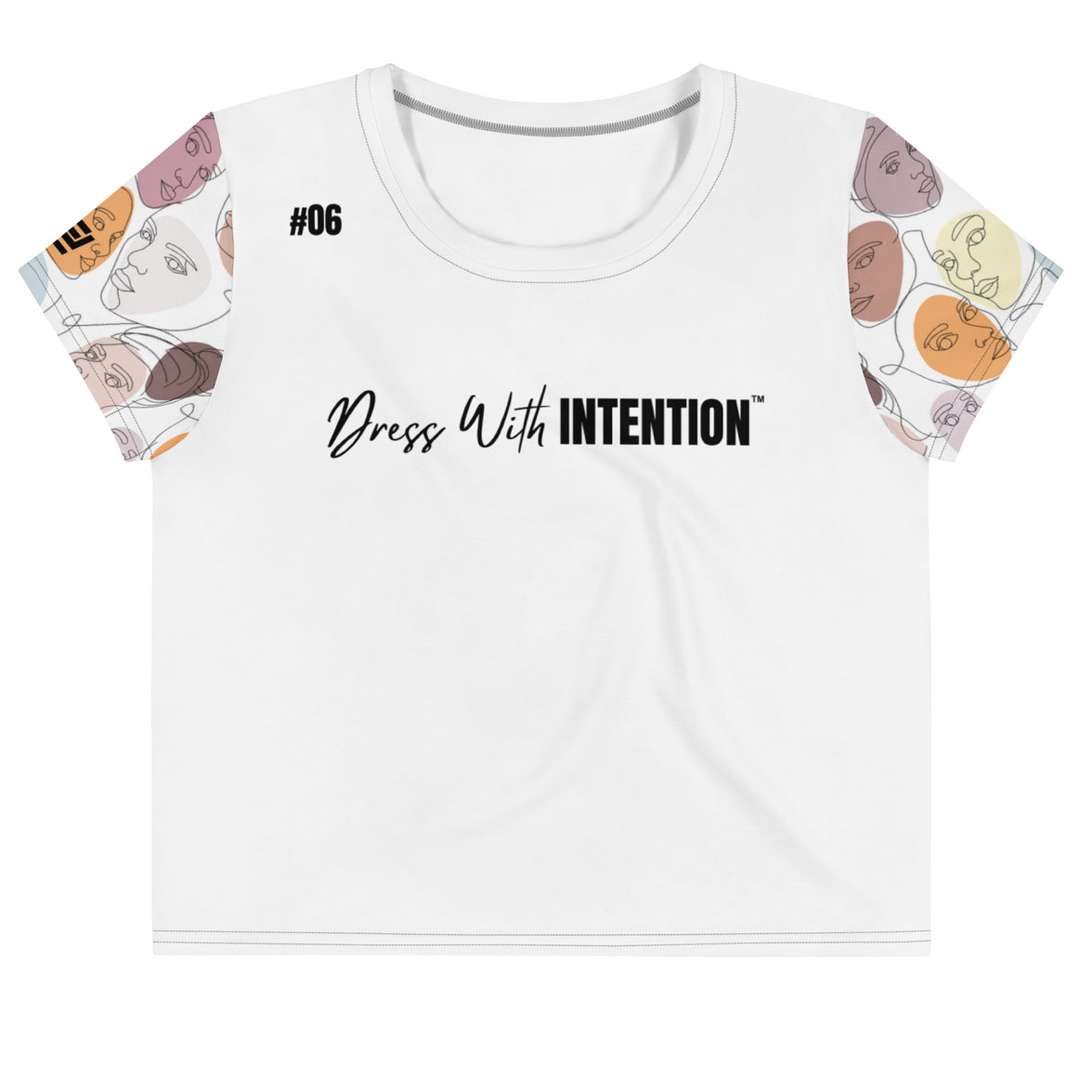 Dear Human Behind Me™ white abstract crop  t-shirt Message #06 dress with intention front view
