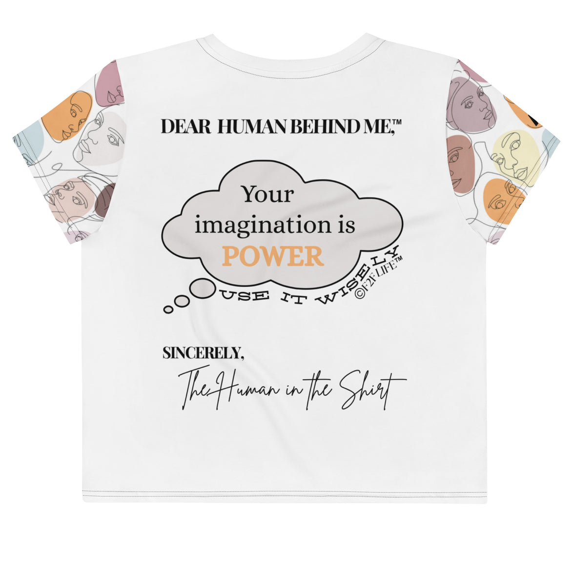 Dear Human Behind Me™ white abstract crop t-shirt Message #06 use-it-wisely back view