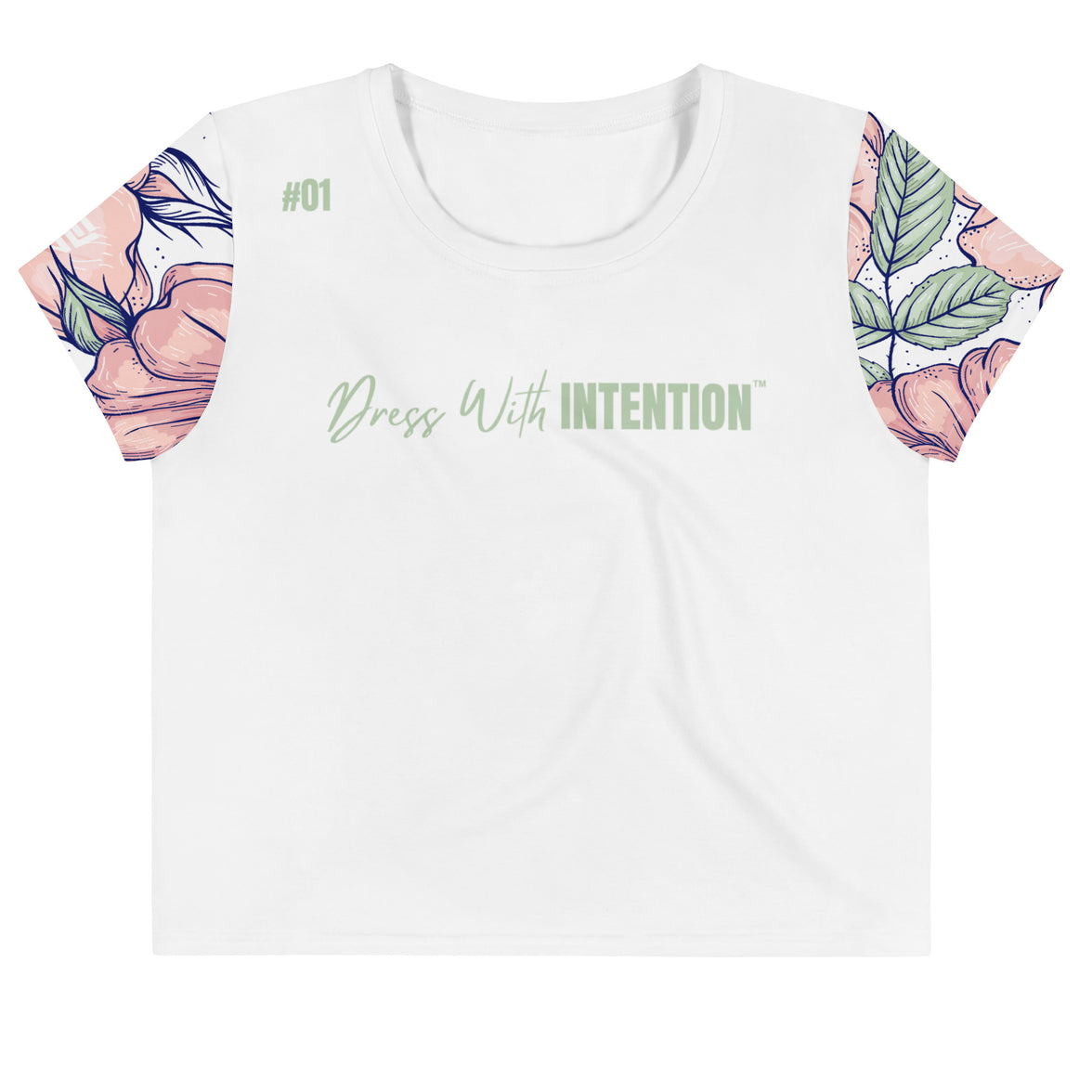 Dear Human Behind Me™ white floral crop  t-shirt Message #01 dress with intention front view