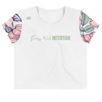 Dear Human Behind Me™ white floral crop  t-shirt Message #01 dress with intention front view