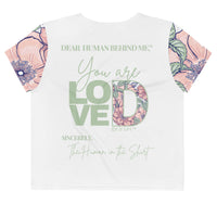 Dear Human Behind Me™ white floral crop t-shirt Message #01 you are loved back view