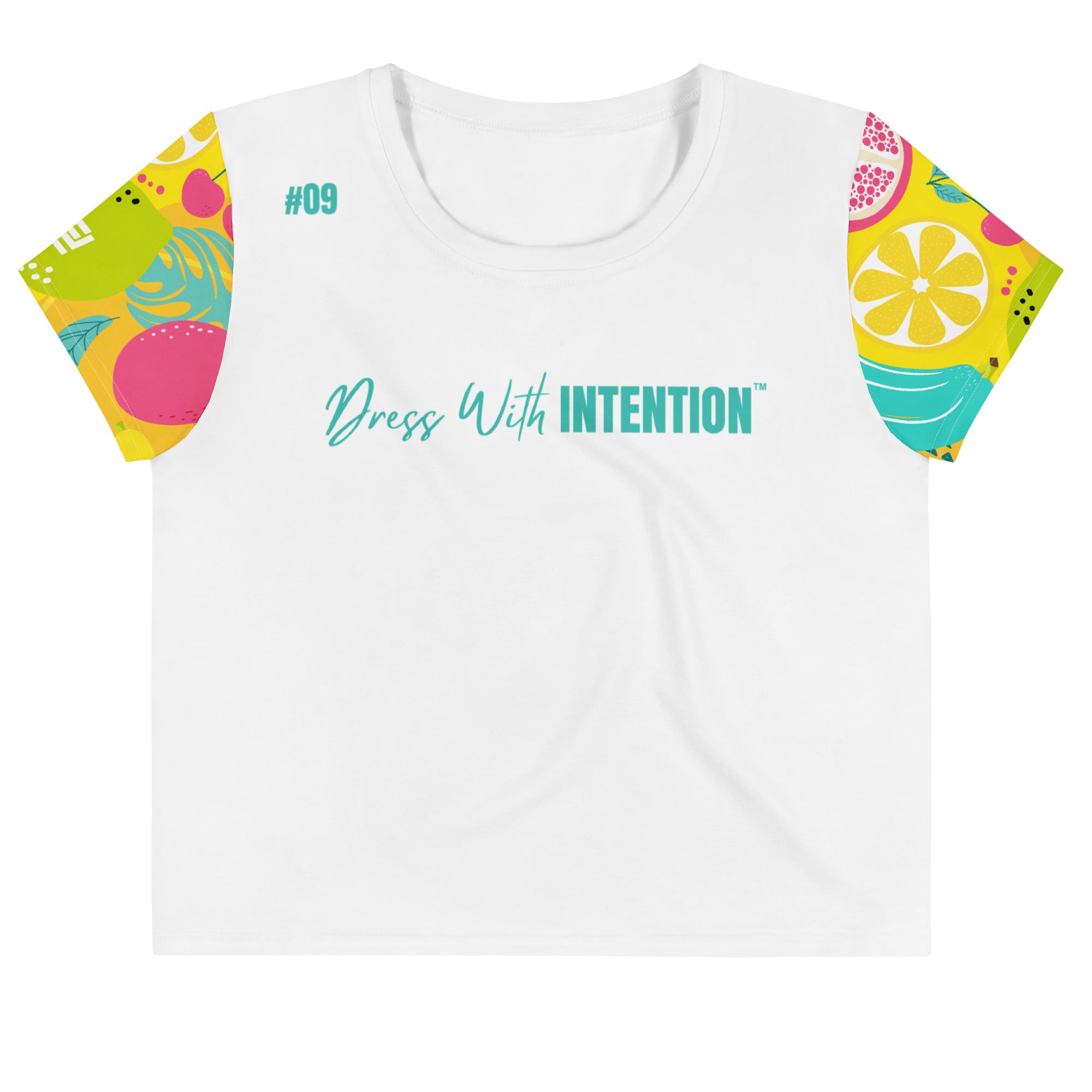 Dear Human Behind Me™ white tropical crop  t-shirt Message #09 dress with intention front view