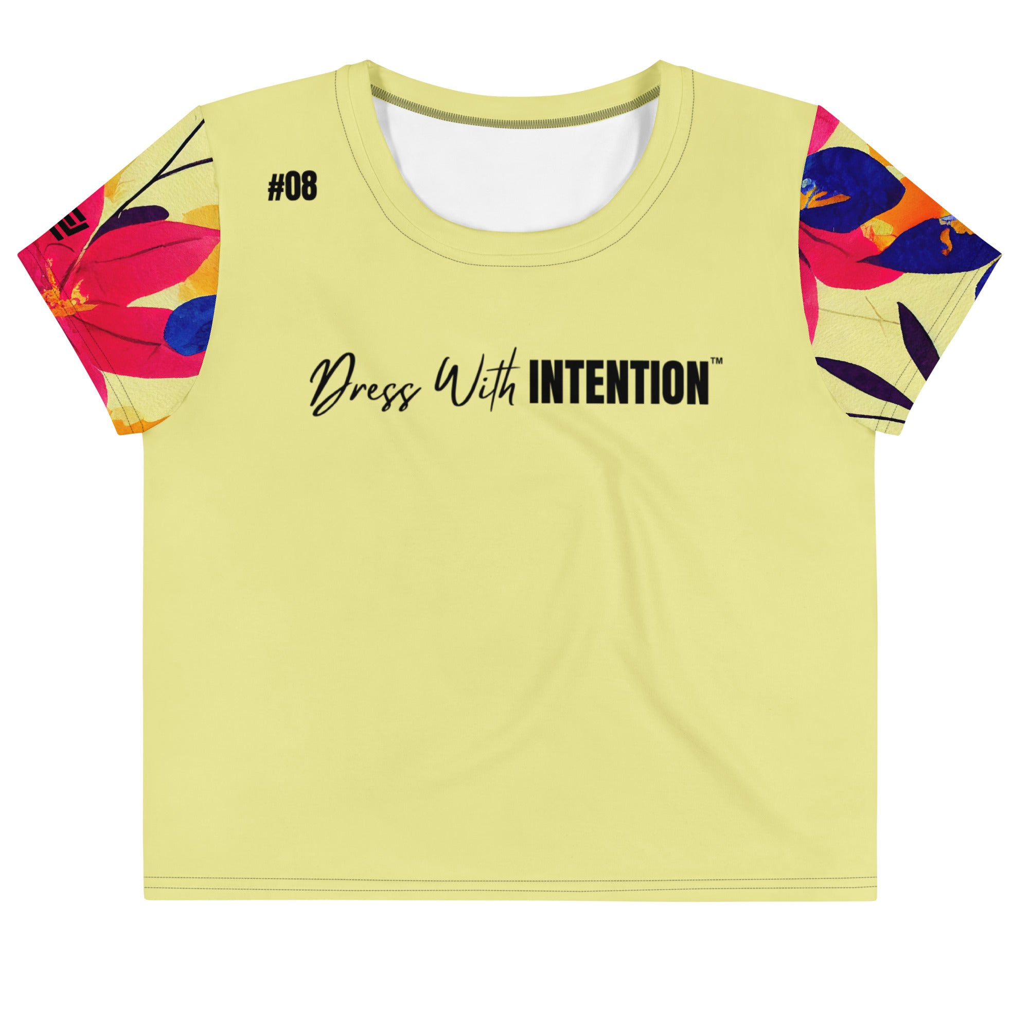 Dear Human Behind Me™ yellow floral crop  t-shirt Message #08 dress with intention front view