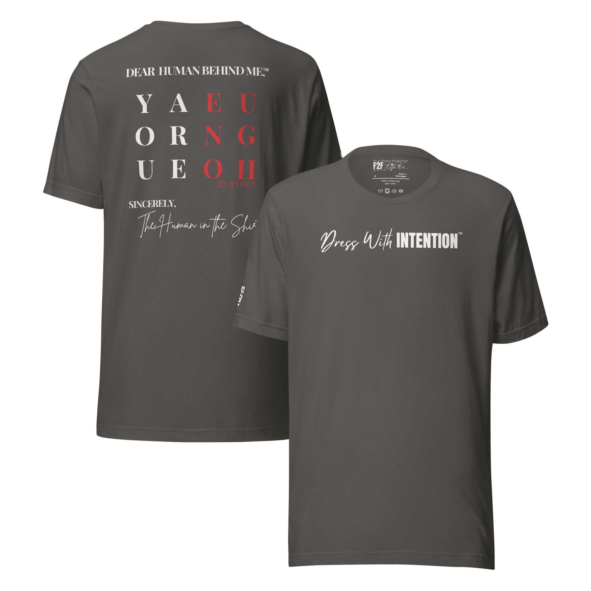 Dear Human Behind Me™ asphalt shirt Message #02 front and back view
