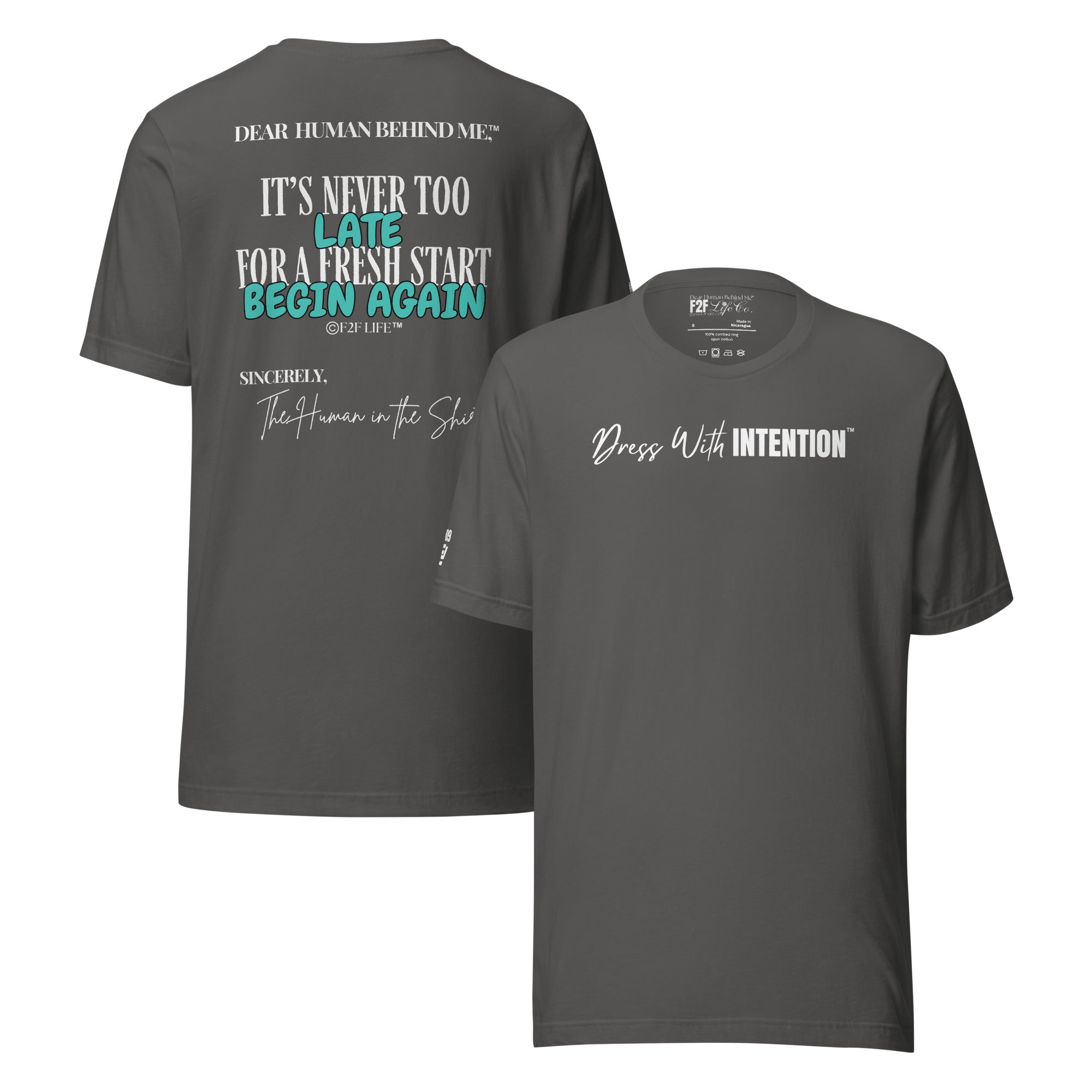 Dear Human Behind Me™ asphalt shirt Message #09 front and back view