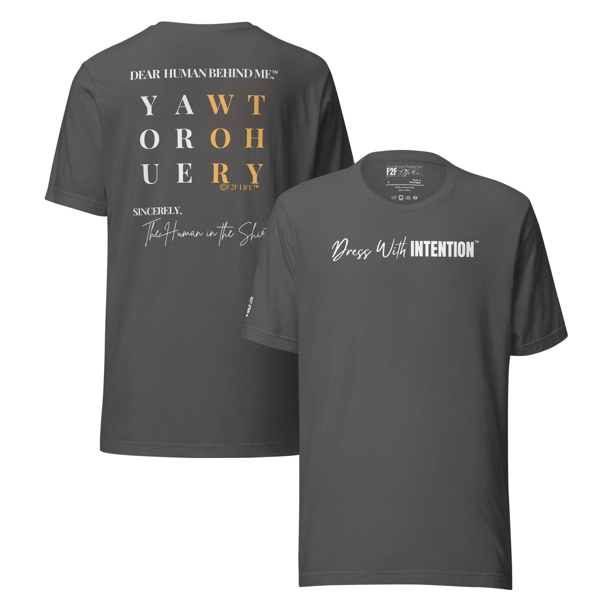 Dear Human Behind Me™ asphalt shirt Message #11 front and back view