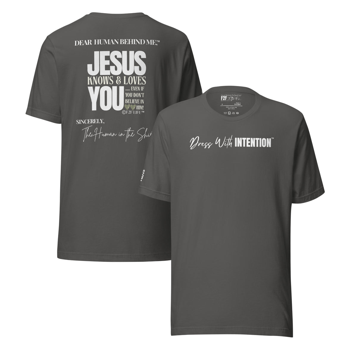 Dear Human Behind Me™ asphalt shirt Message #12 front and back view