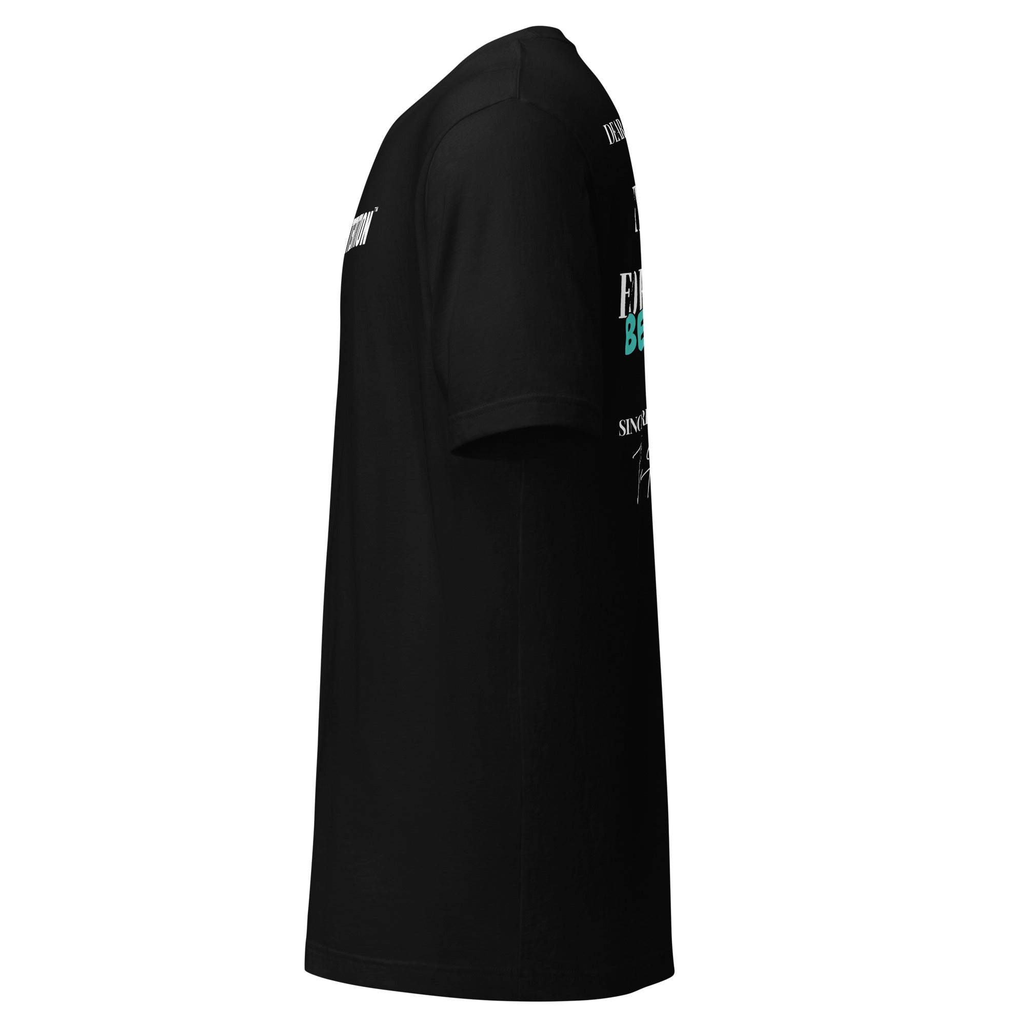 Dear Human Behind Me™ black shirt Message #09 begin again left view