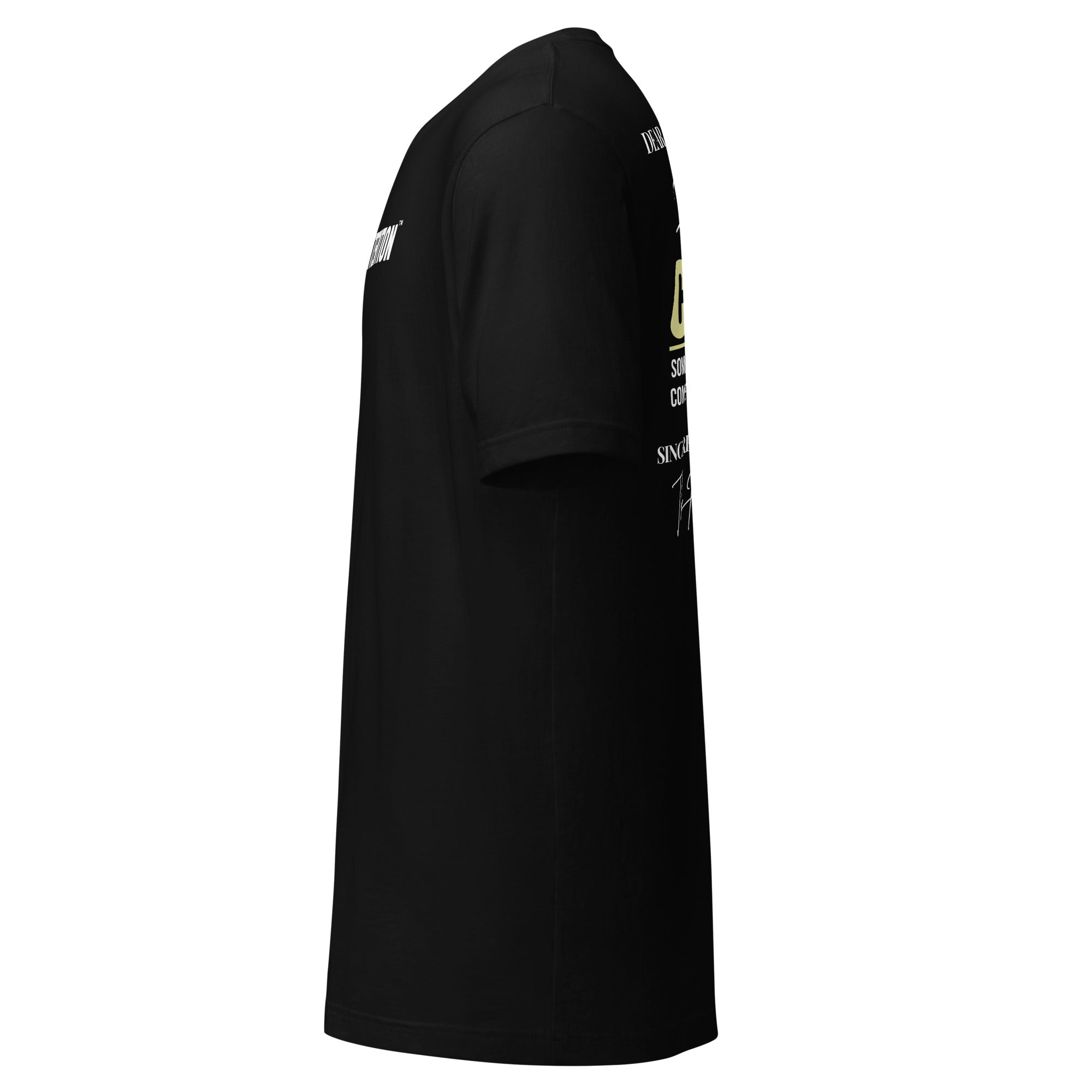 Dear Human Behind Me™ black shirt Message #08 embrace change left view