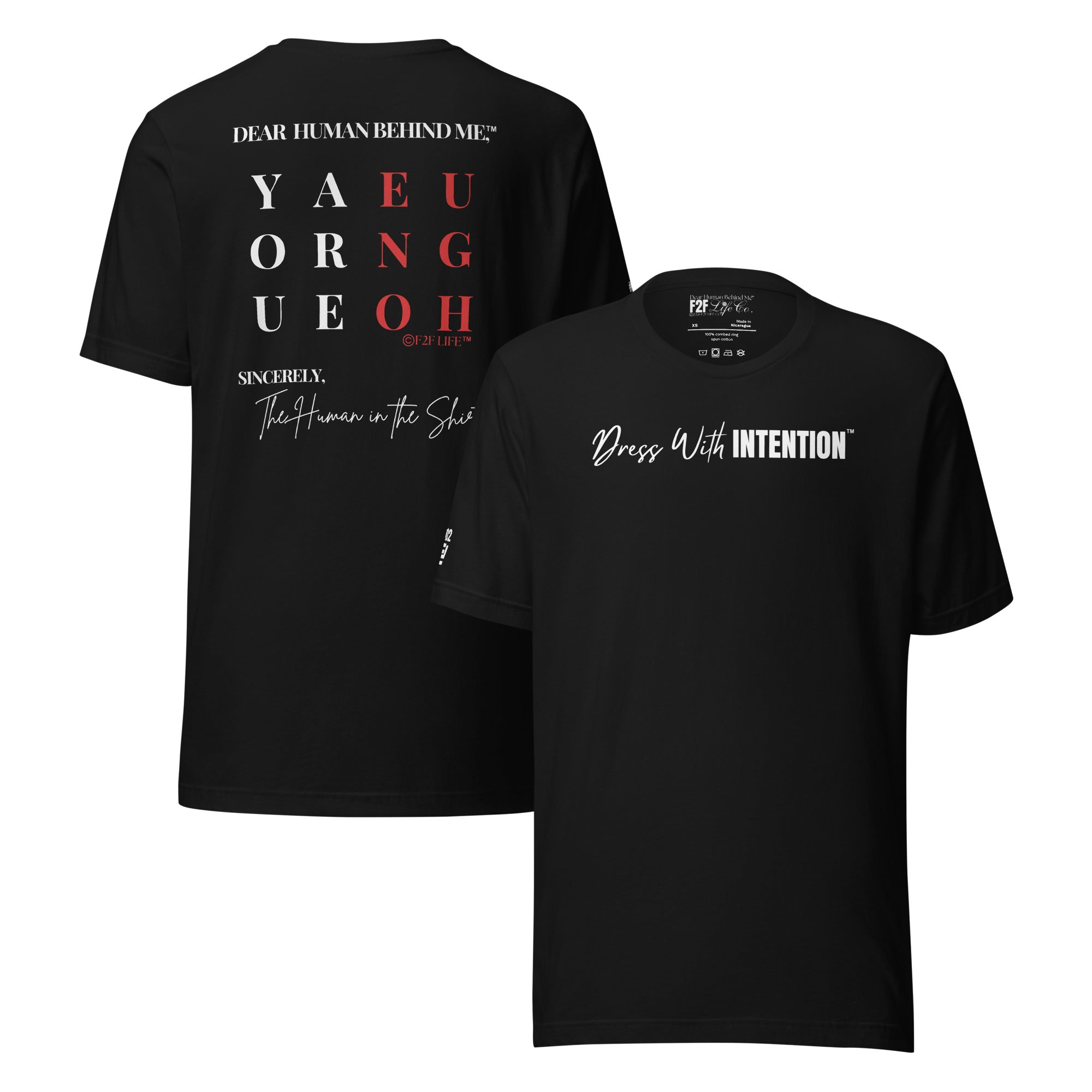 Dear Human Behind Me™ black shirt Message #02 front and back view
