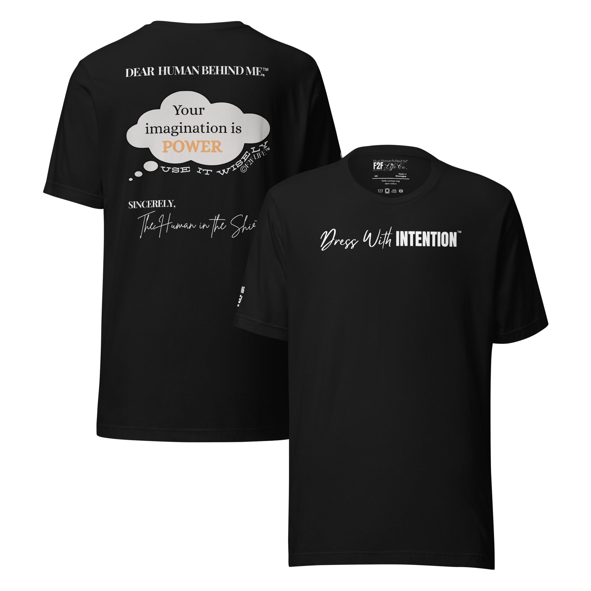 Dear Human Behind Me™ black shirt Message #06 front and back view