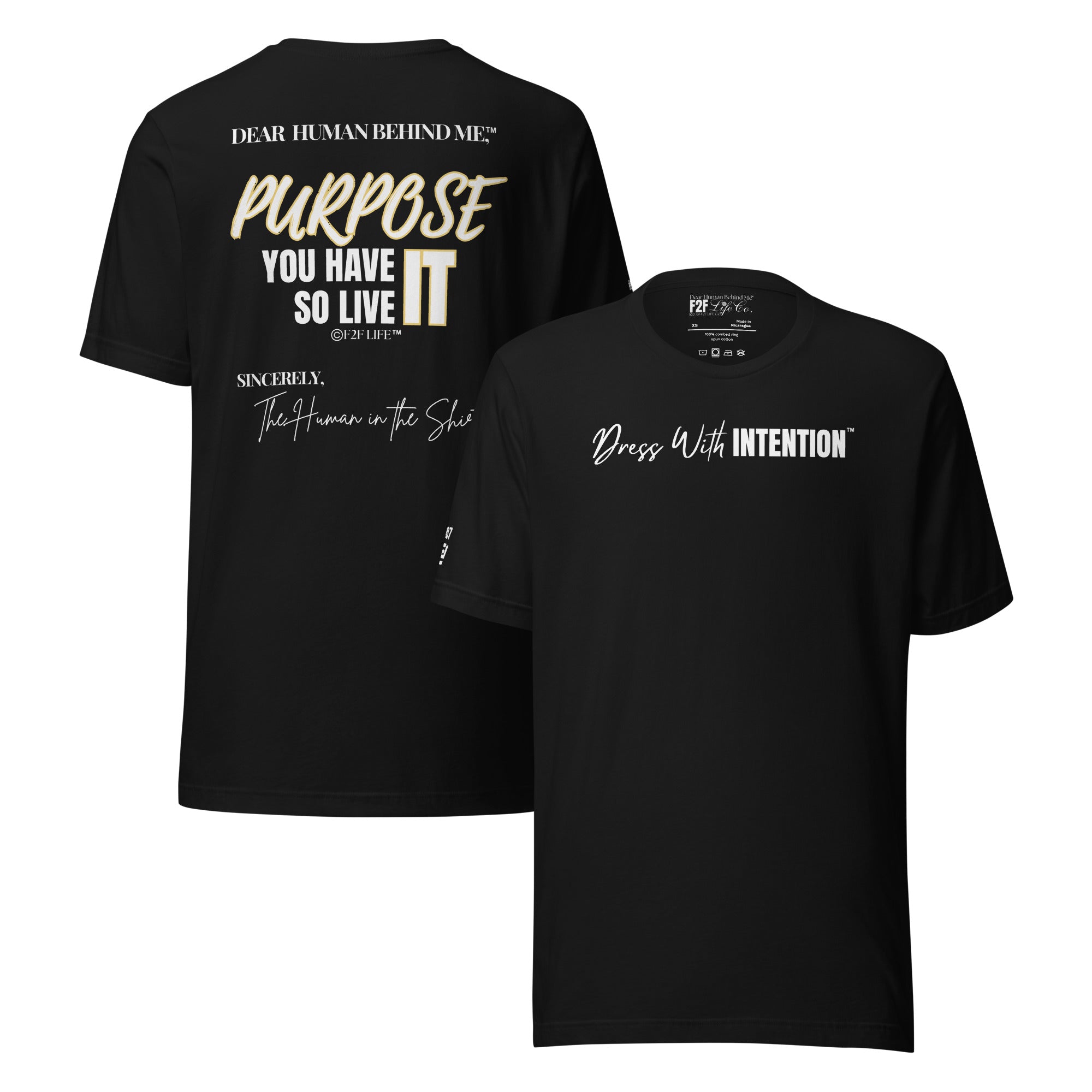 Dear Human Behind Me™ black shirt Message #07 front and back view