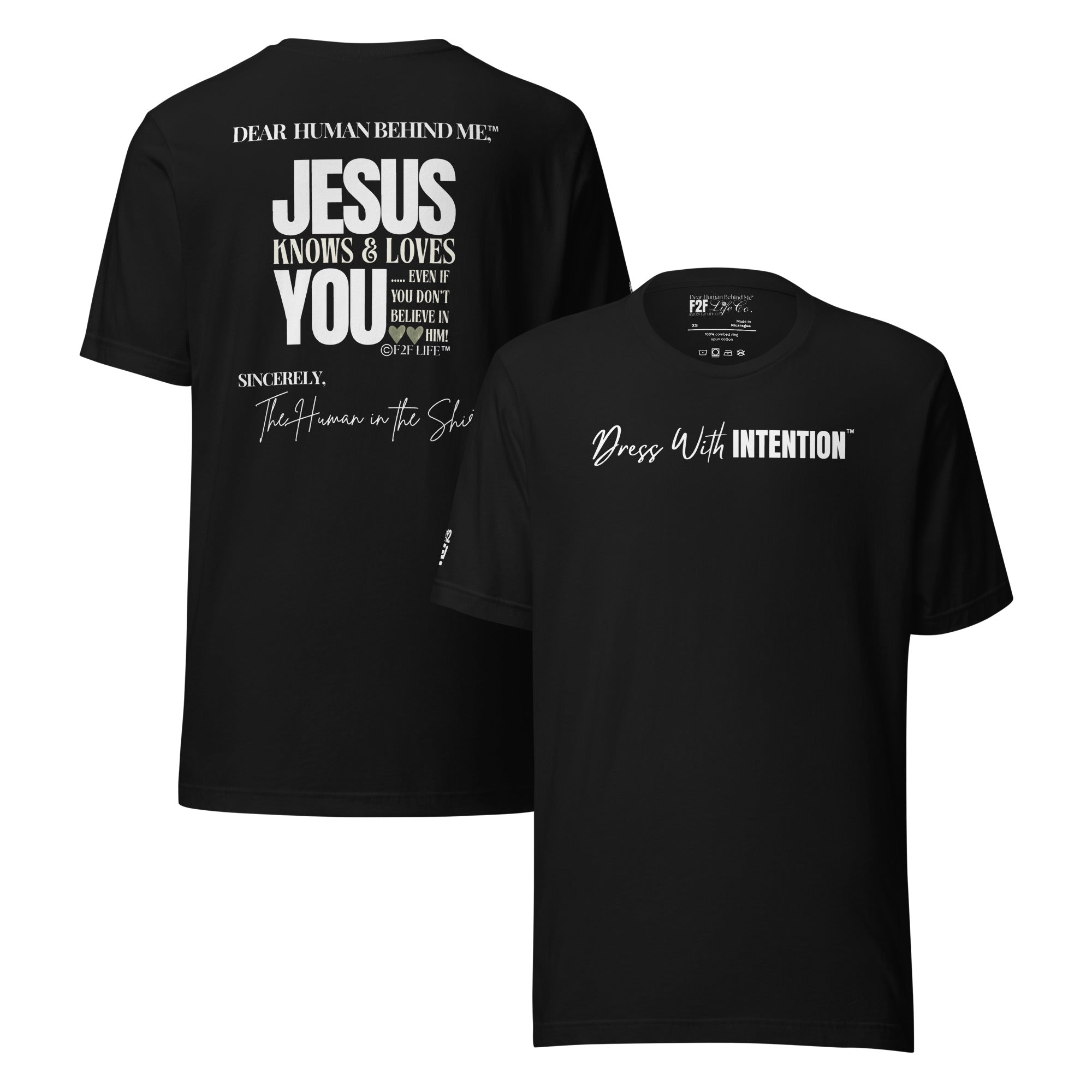 Dear Human Behind Me™ black shirt Message #12 front and back view
