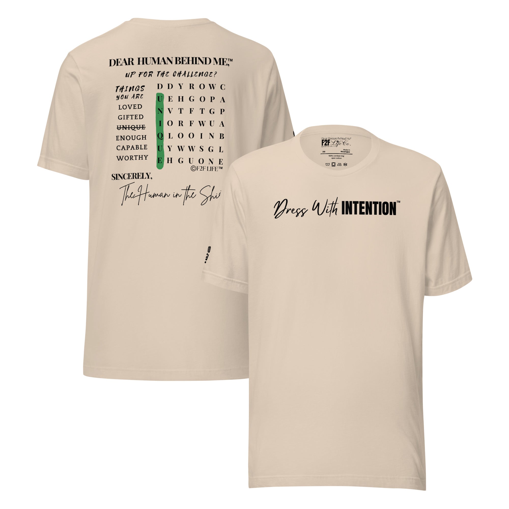 Dear Human Behind Me™ cream shirt Message #10 front and back view