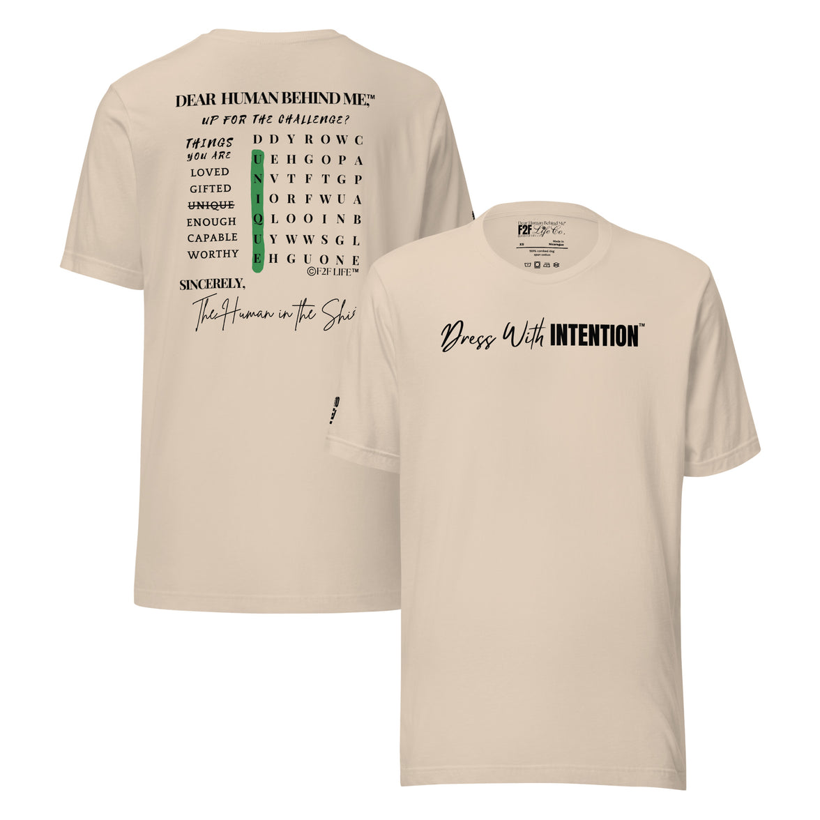 Dear Human Behind Me™ cream shirt Message #10 front and back view