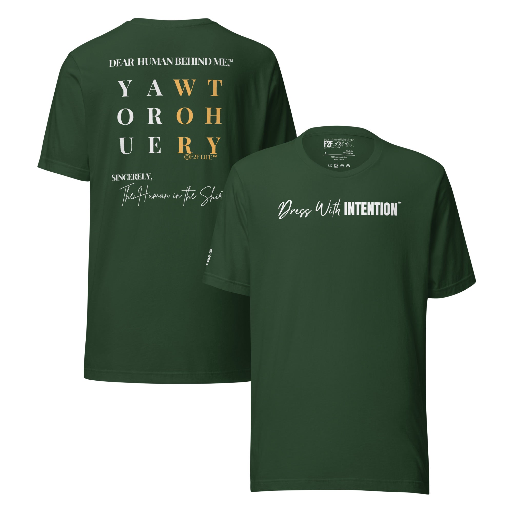 Dear Human Behind Me™ forest shirt Message #11 front and back view