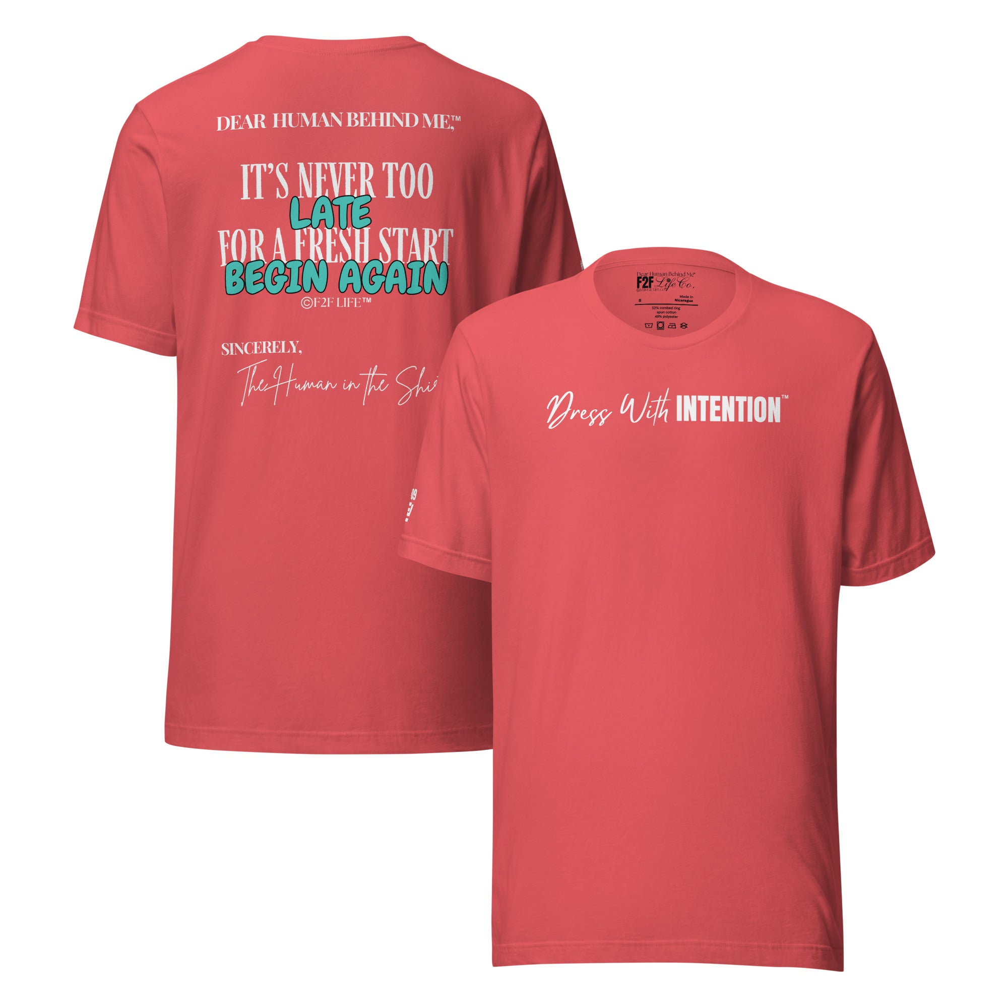Dear Human Behind Me™ heather red shirt Message #09 front and back view