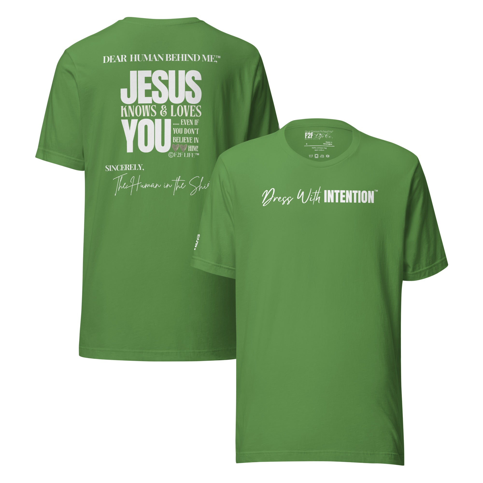 Dear Human Behind Me™ leaf shirt Message #12 front and back view
