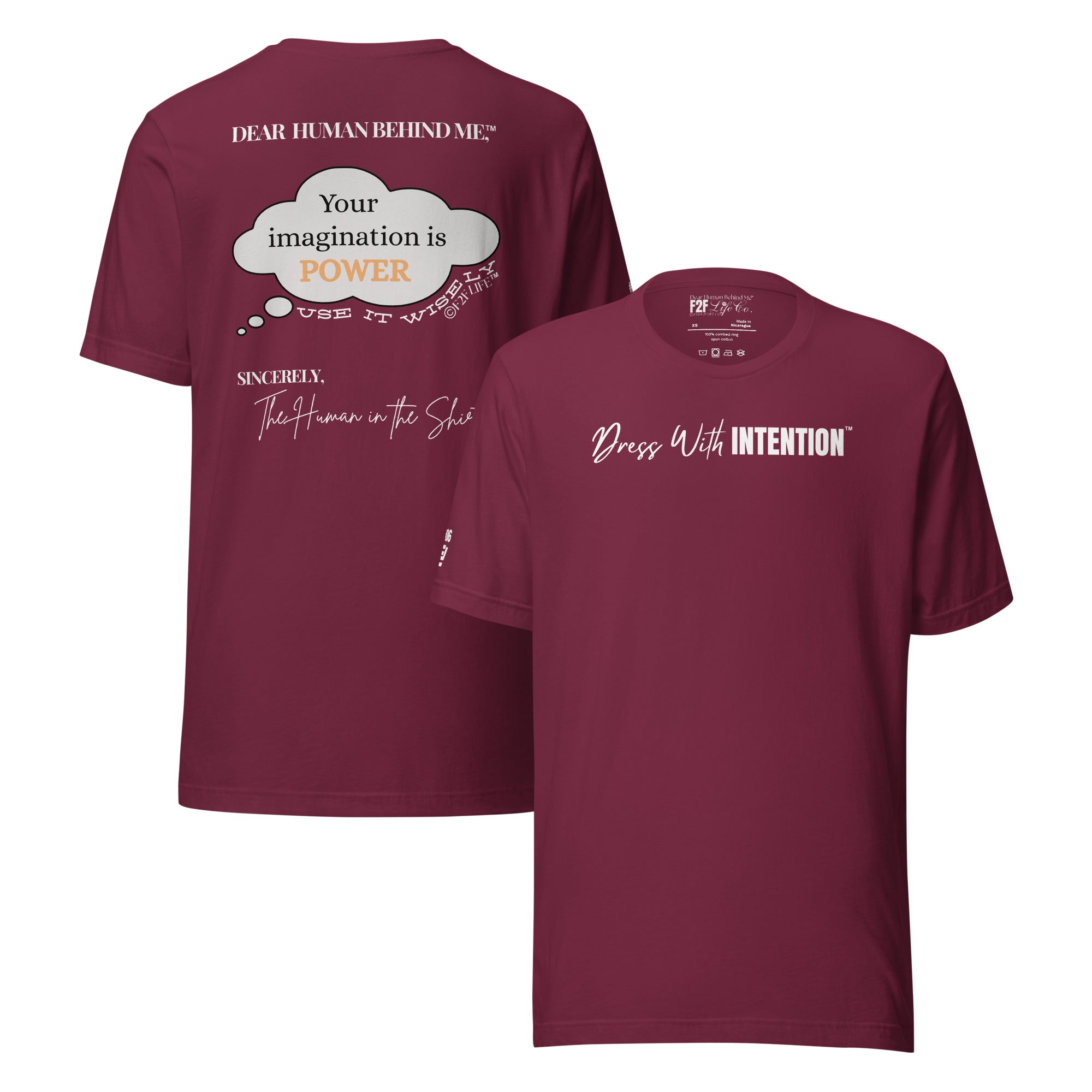 Dear Human Behind Me™ maroon shirt Message #06 front and back view