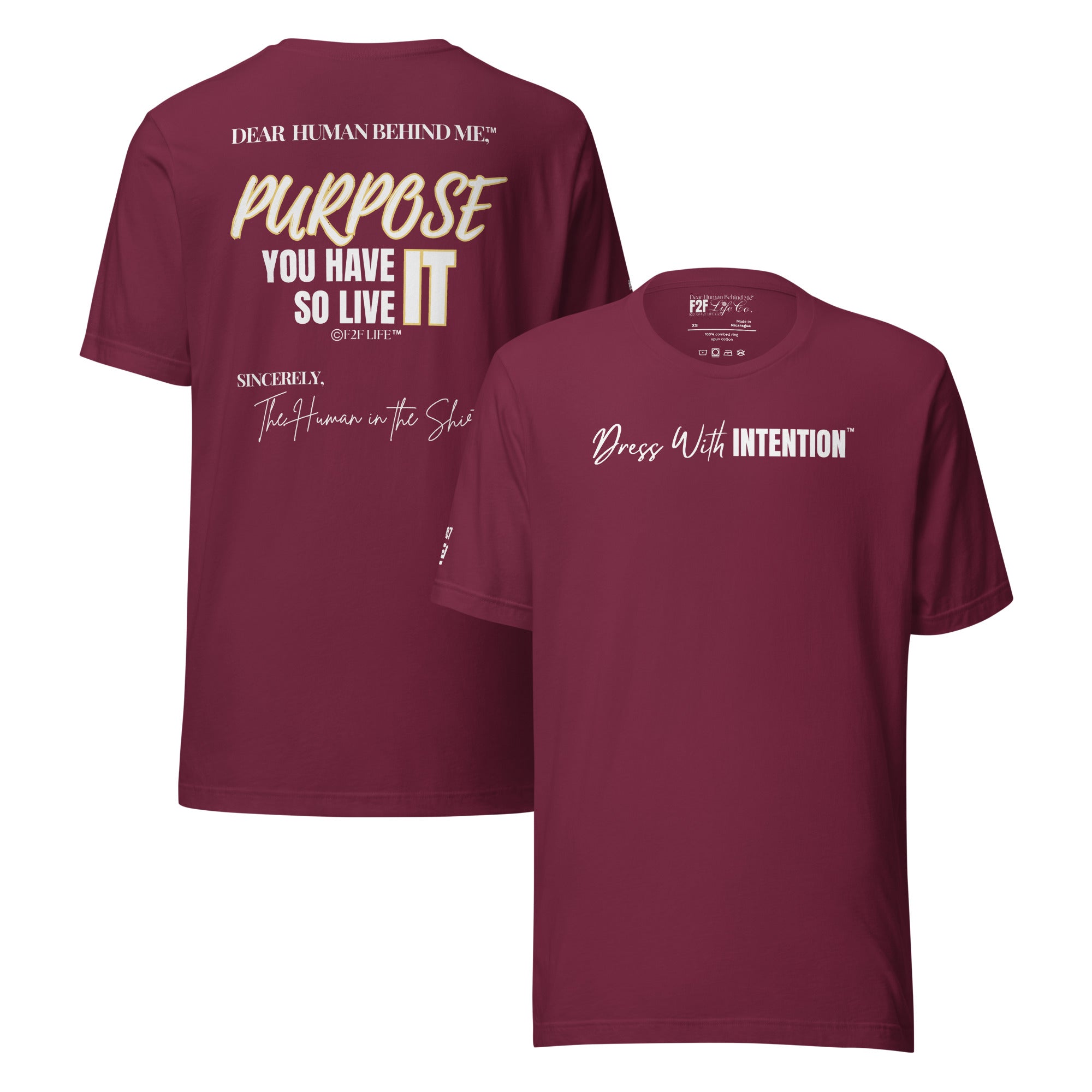 Dear Human Behind Me™ maroon shirt Message #07 front and back view