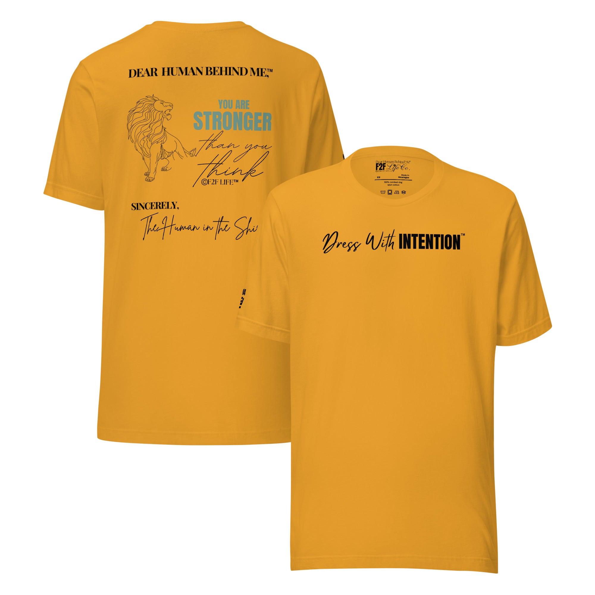 Dear Human Behind Me™ mustard shirt Message #04 front and back view