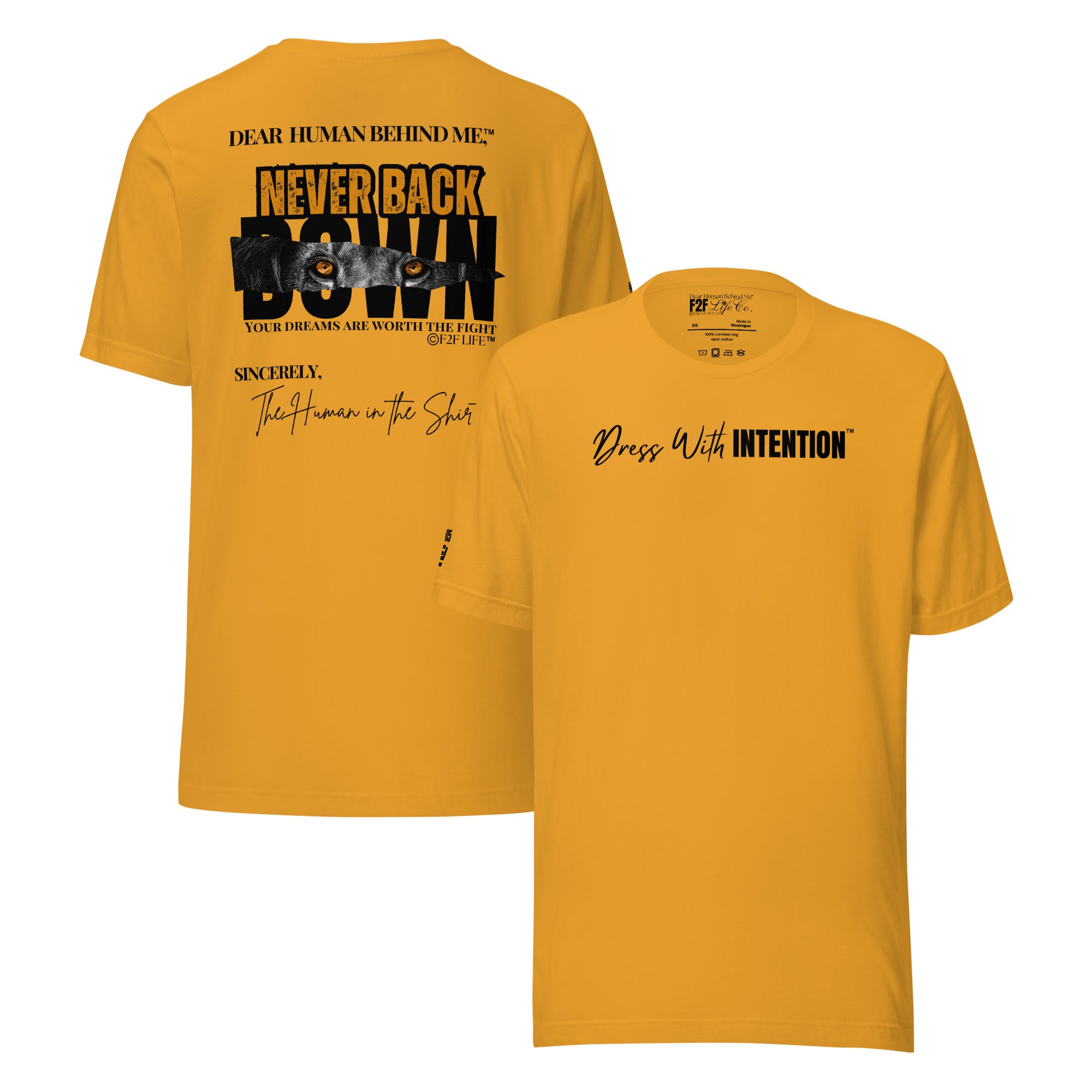 Dear Human Behind Me™ mustard shirt Message #05 front and back view