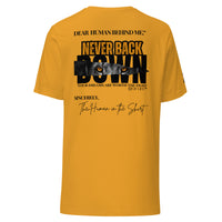 Dear Human Behind Me™ mustard shirt Message #05 never back down back view