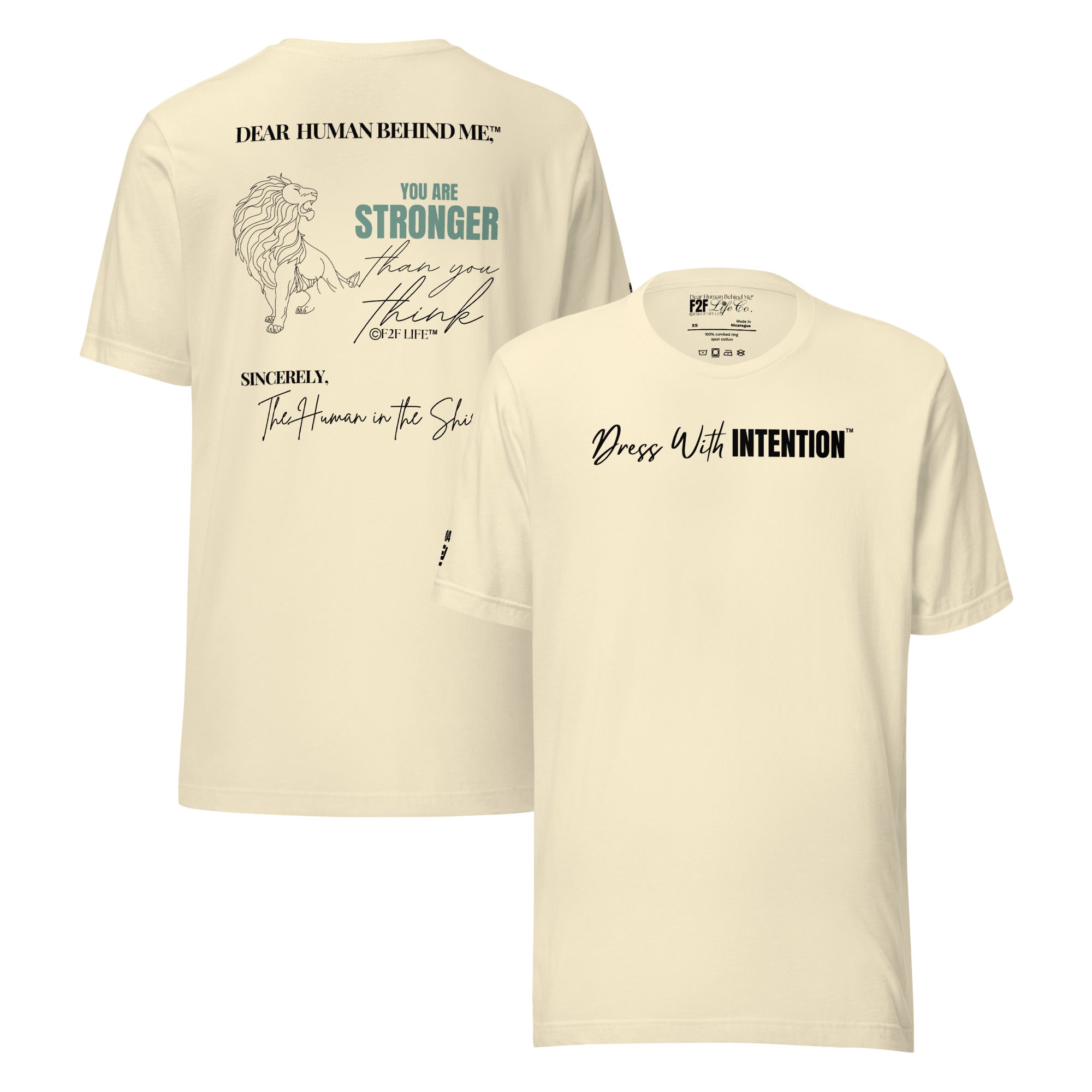 Dear Human Behind Me™ natural shirt Message #04 front and back view