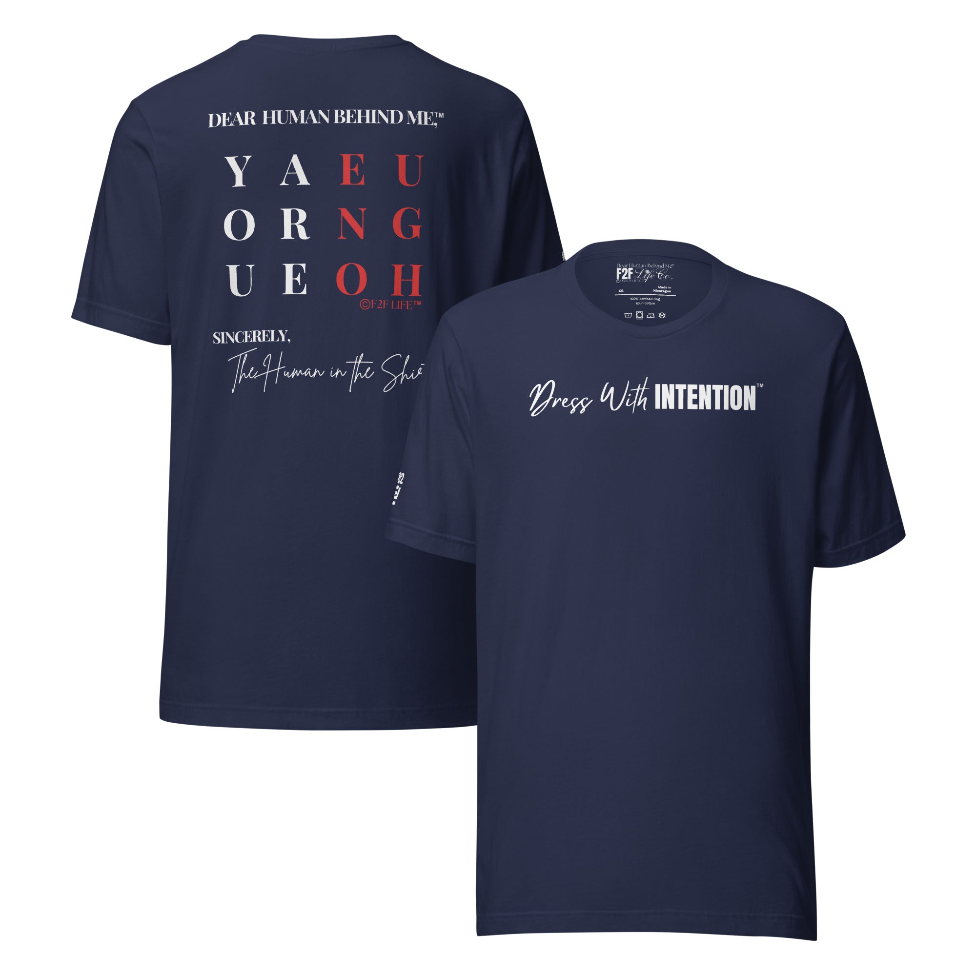 Dear Human Behind Me™ navy shirt Message #02 front and back view