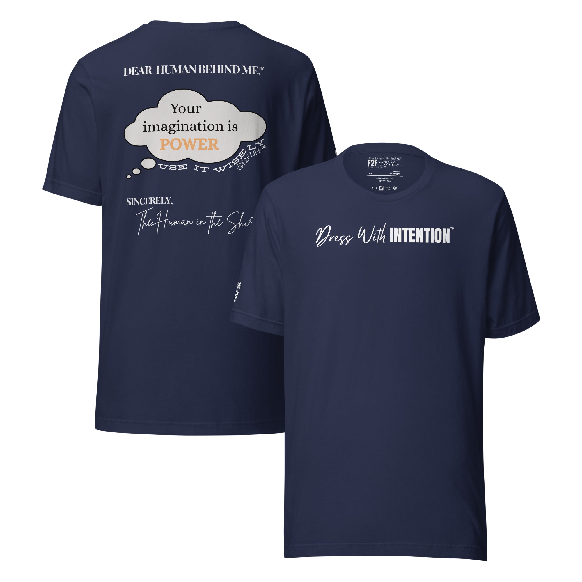 Dear Human Behind Me™ navy shirt Message #06 front and back view