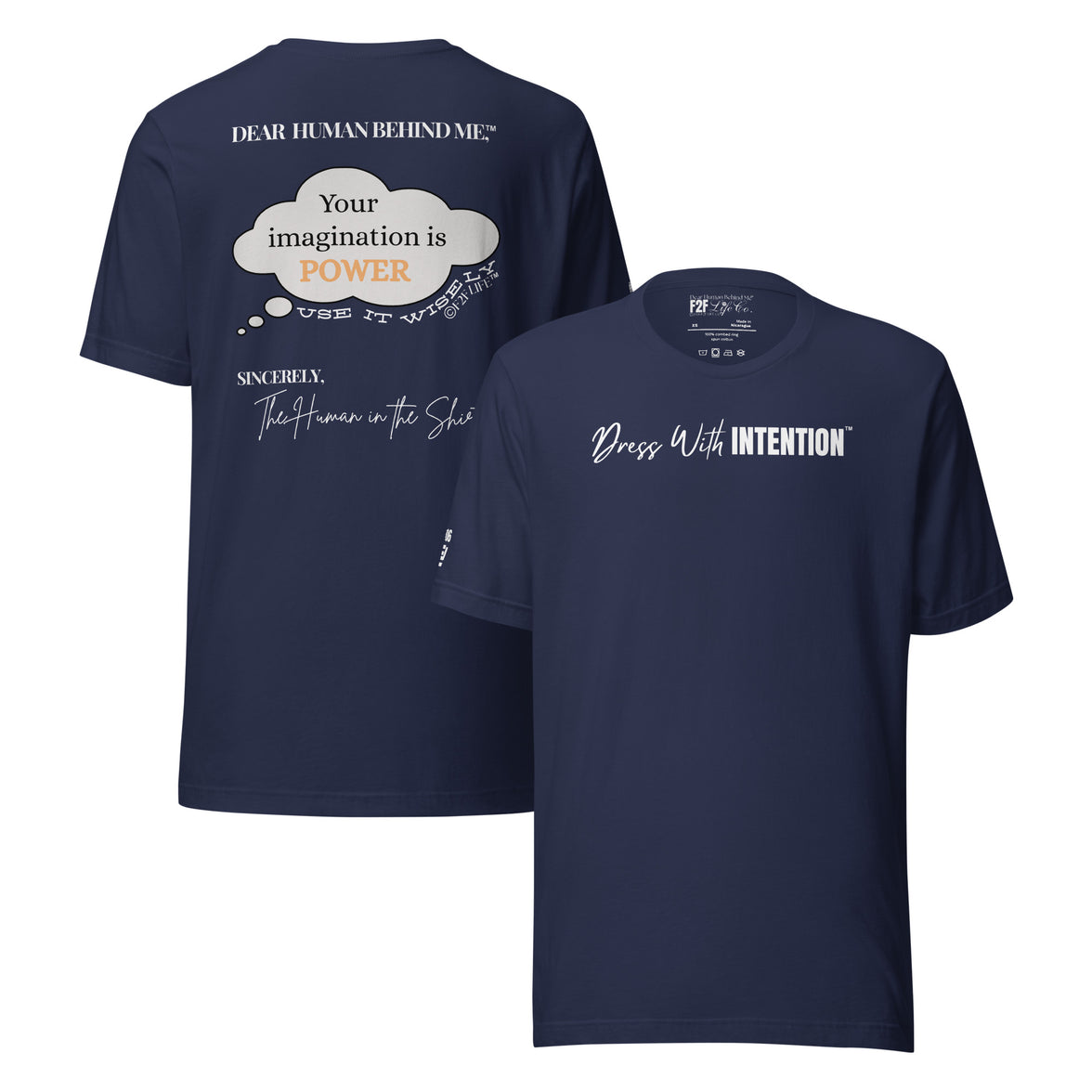 Dear Human Behind Me™ navy shirt Message #06 front and back view