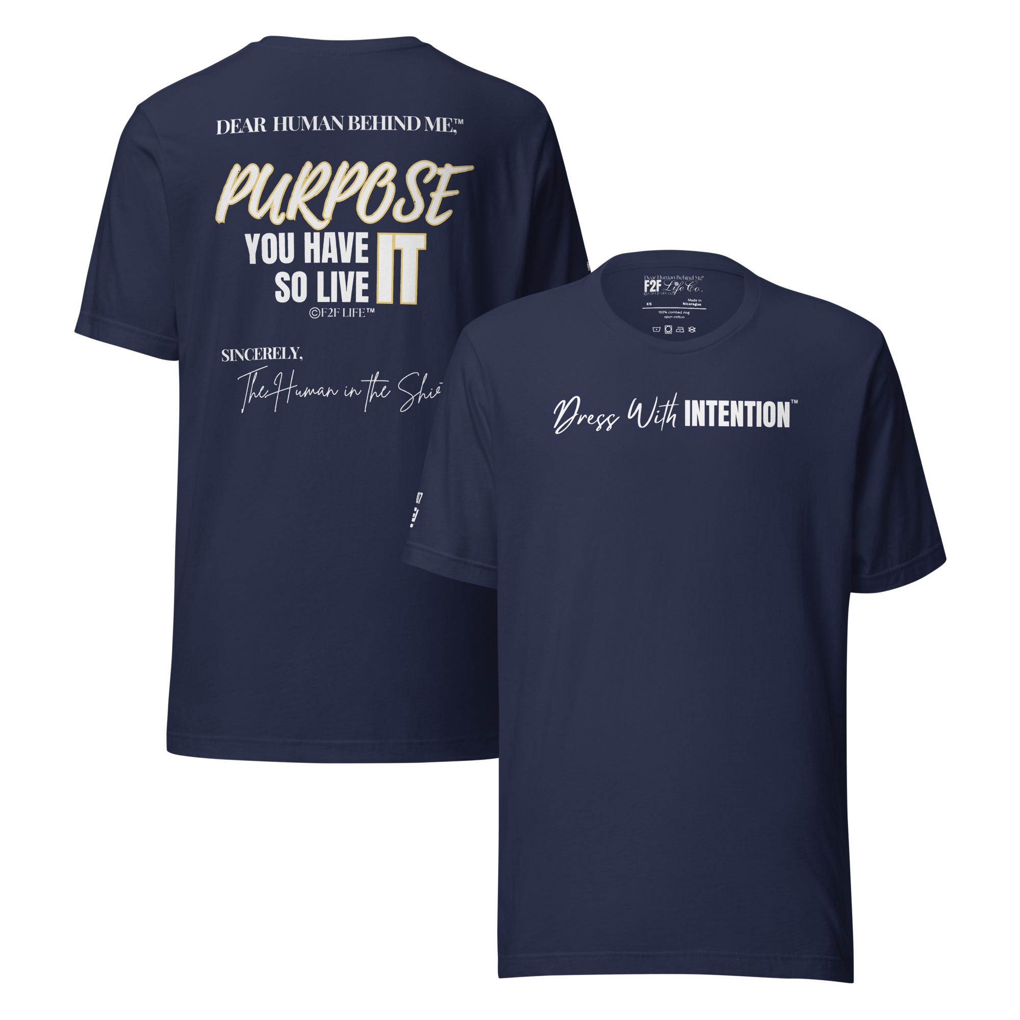 Dear Human Behind Me™ navy shirt Message #07 front and back view