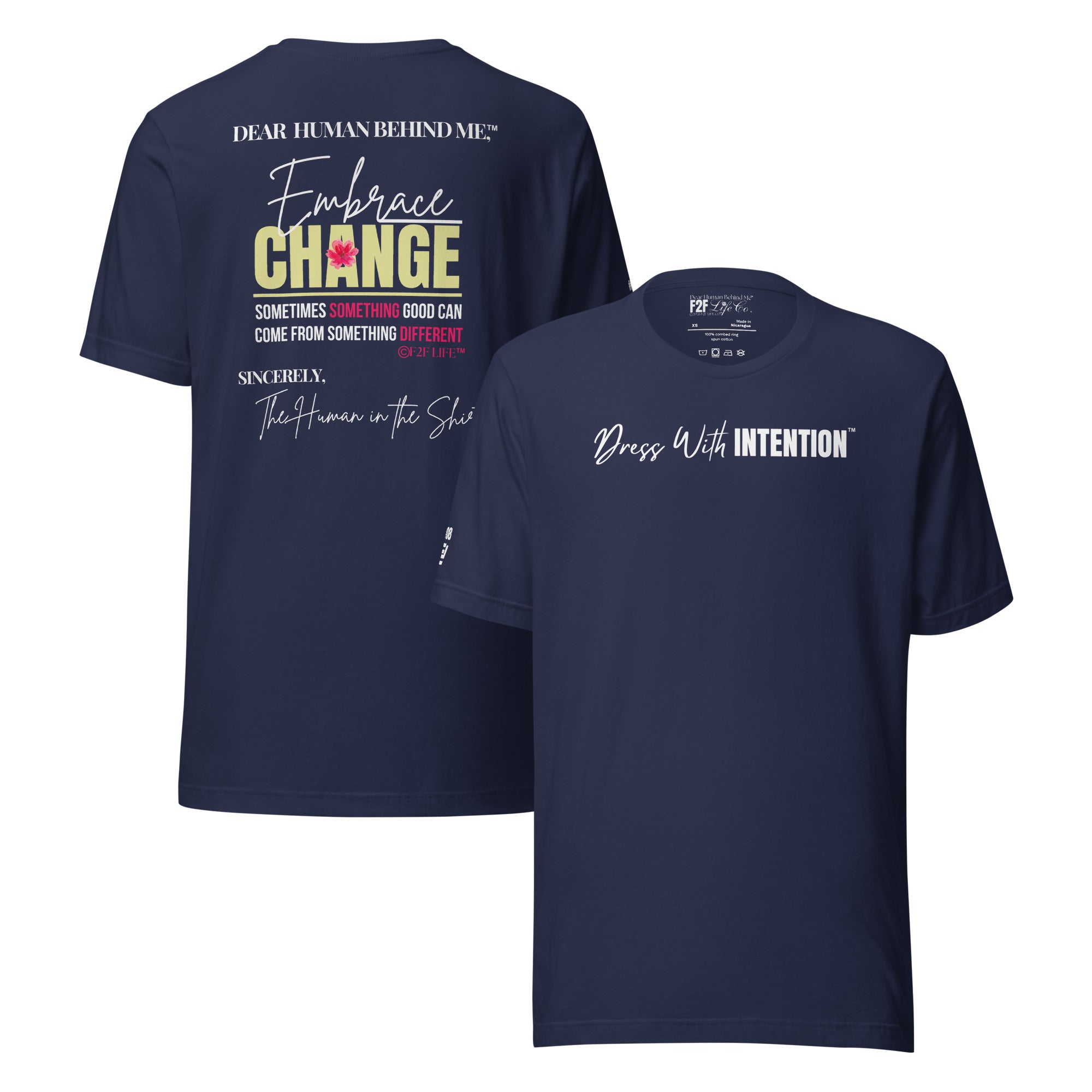Dear Human Behind Me™ navy shirt Message #08 front and back view