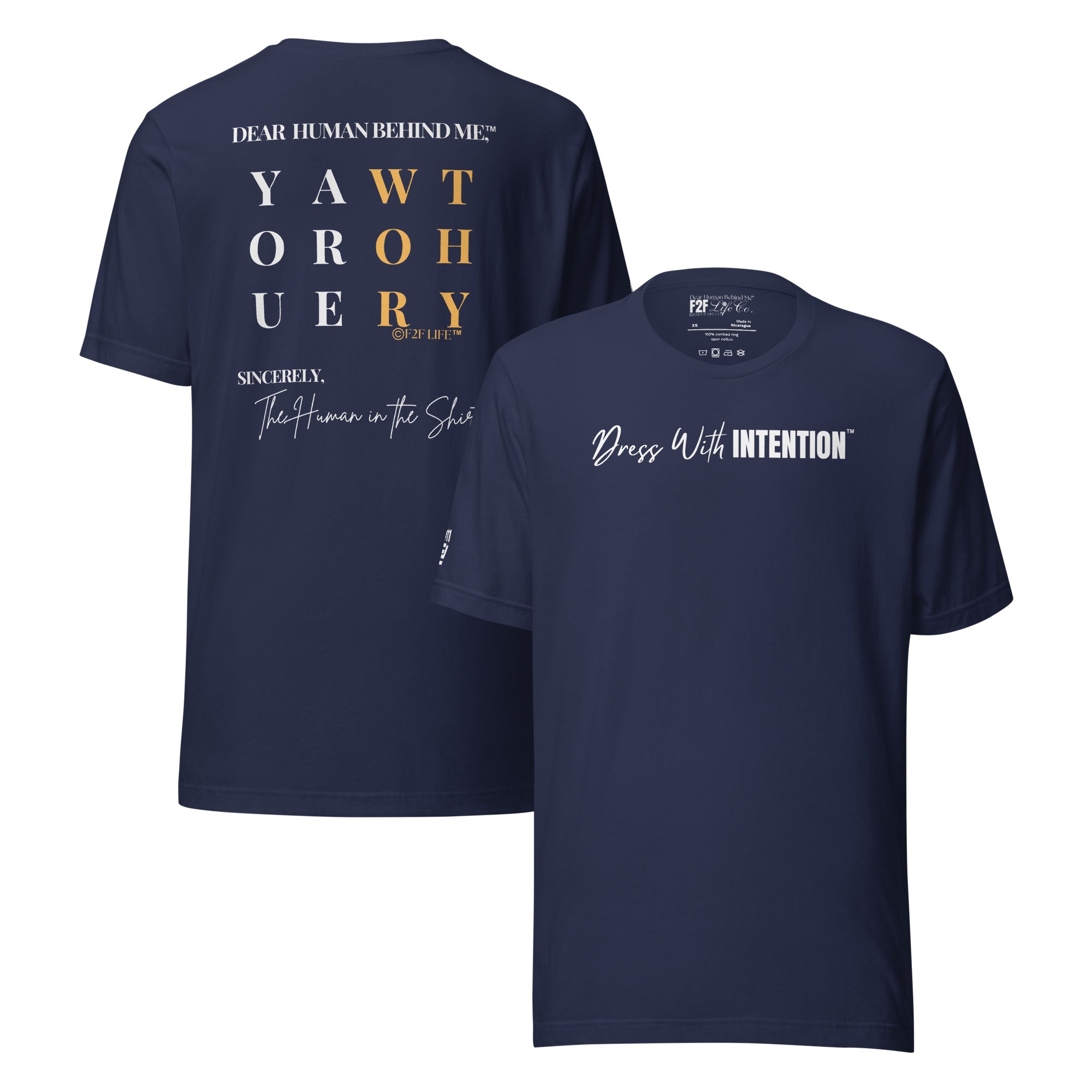 Dear Human Behind Me™ navy shirt Message #11 front and back view