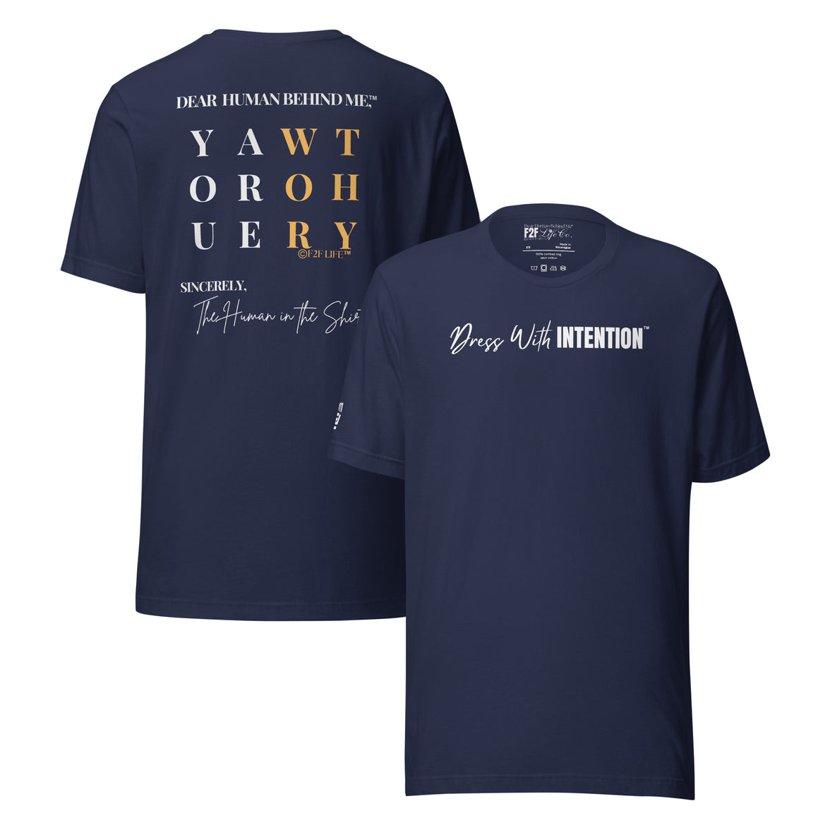 Dear Human Behind Me™ navy shirt Message #11 front and back view