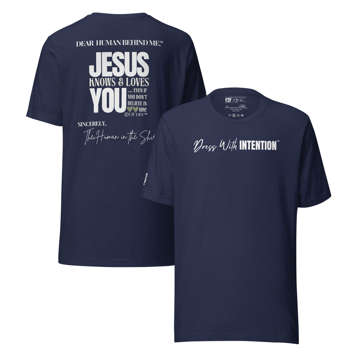 Dear Human Behind Me™ navy shirt Message #12 front and back view